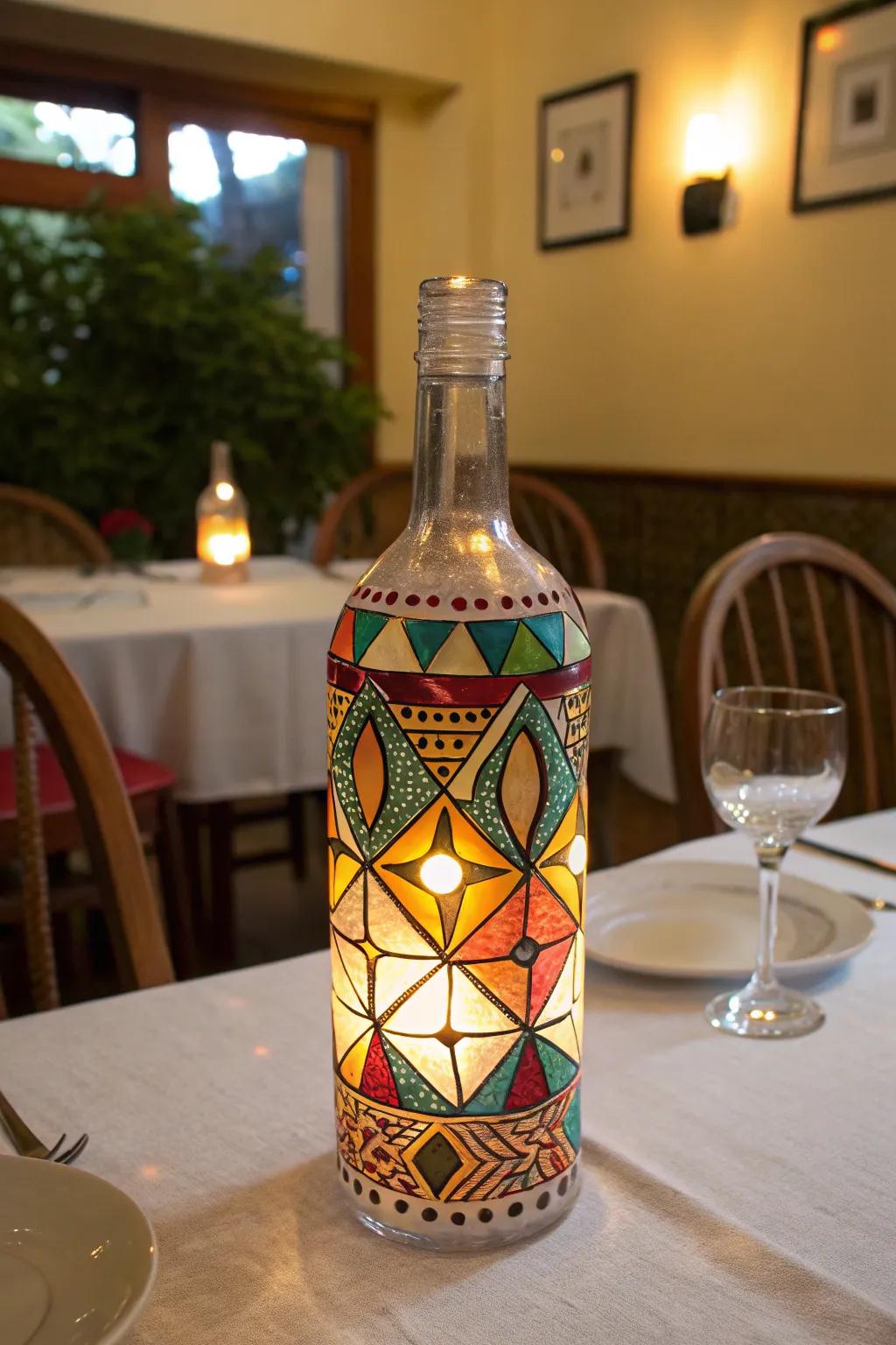 A painted glass bottle lamp with vibrant colors.