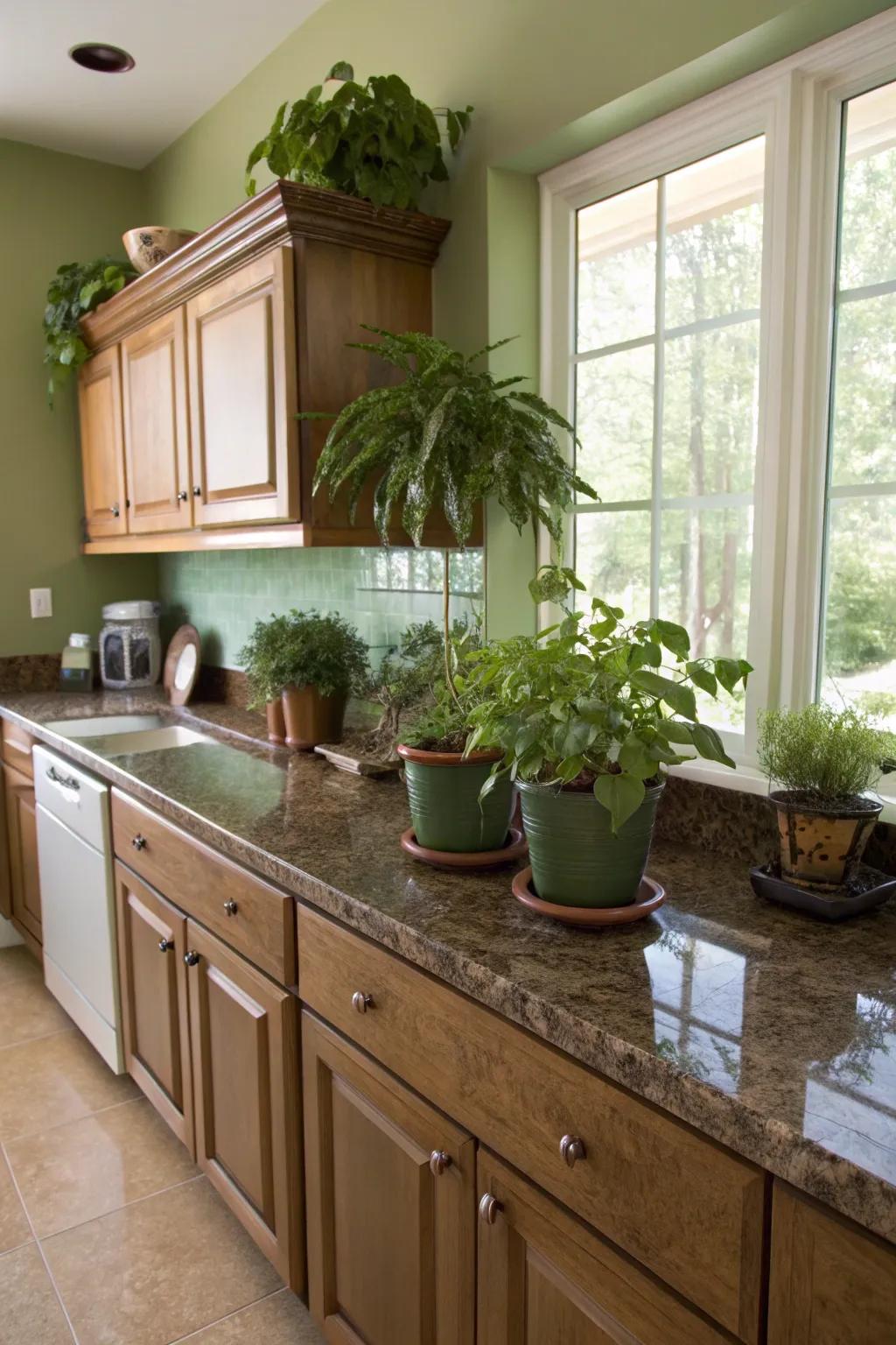 Sage green walls bring a touch of nature to your kitchen with brown granite.