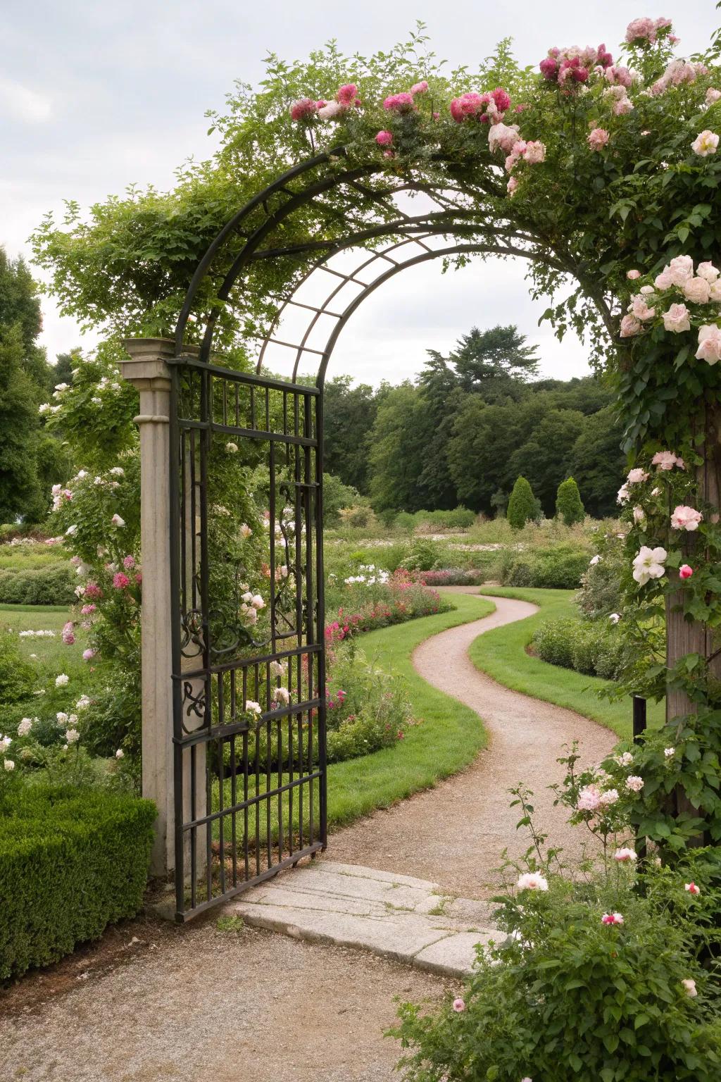 An arched wire gate with climbing roses offers a romantic garden entrance.