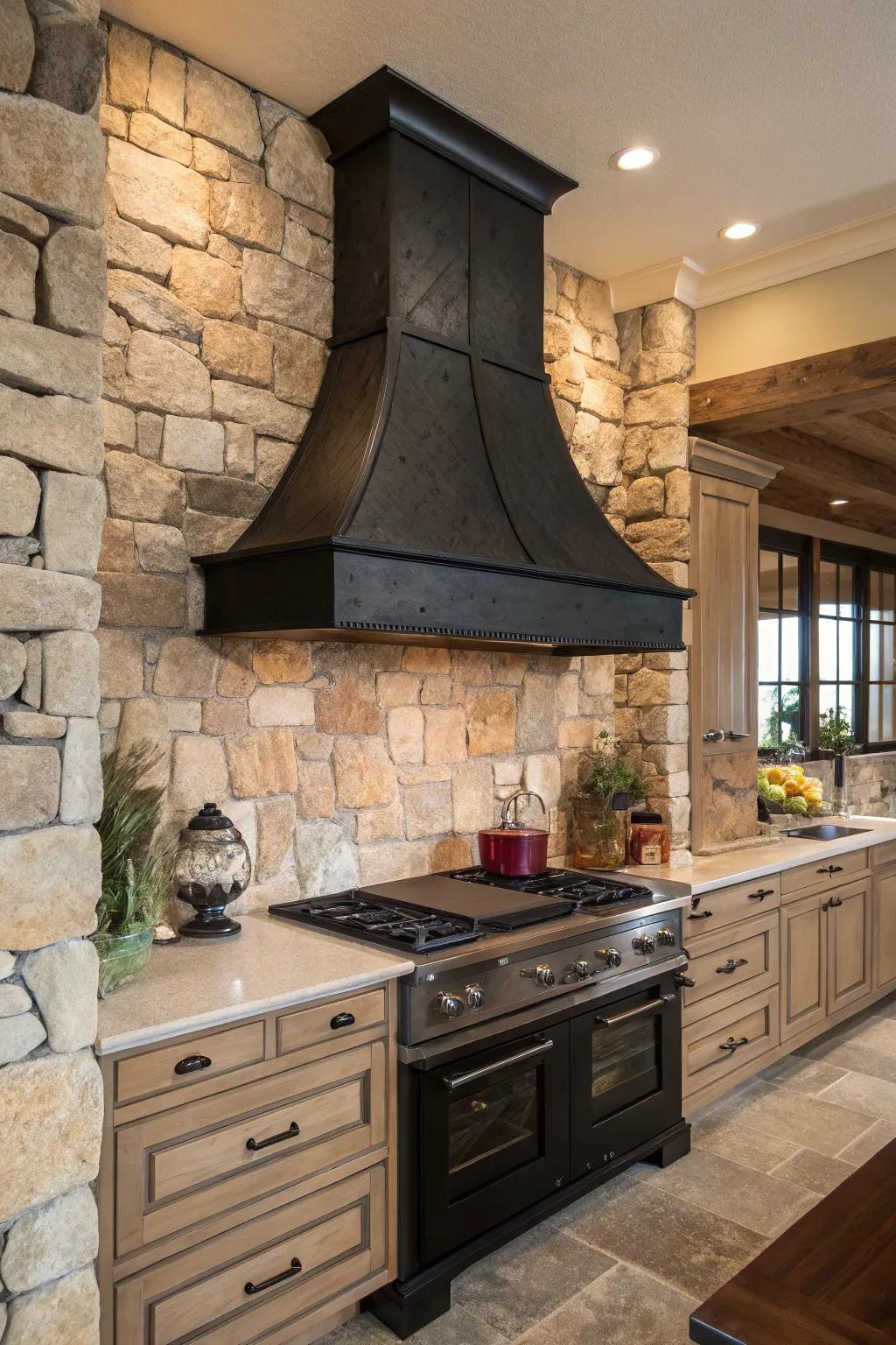 A kitchen featuring a charcoal black range hood with a stone wall facade.