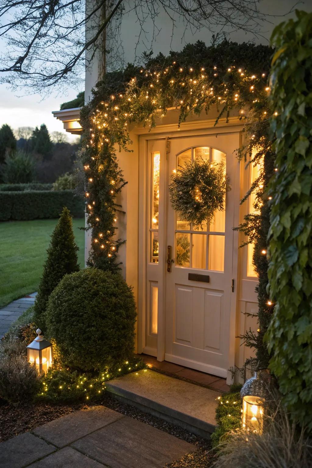 A festive garland with fairy lights framing a front door.