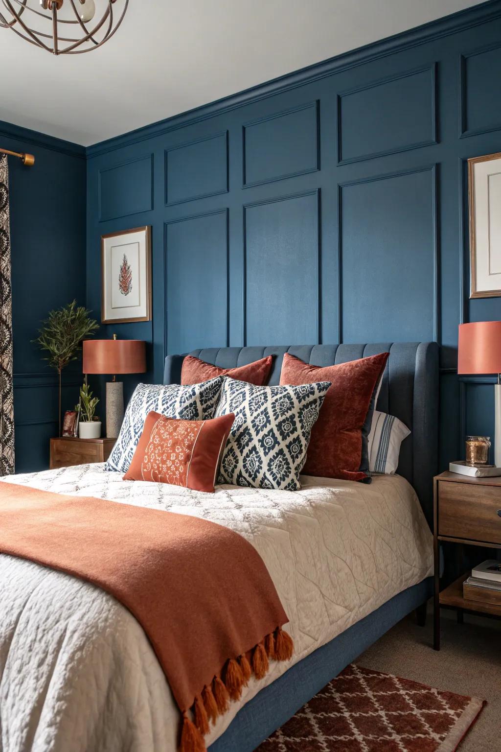 A sophisticated bedroom featuring rust and navy blue accents.