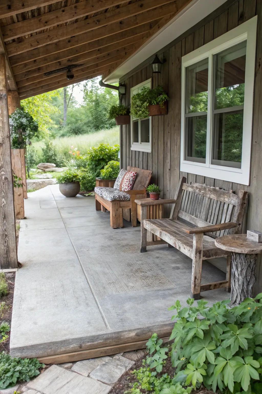 A wood-look overlay adds warmth and charm to a concrete porch.