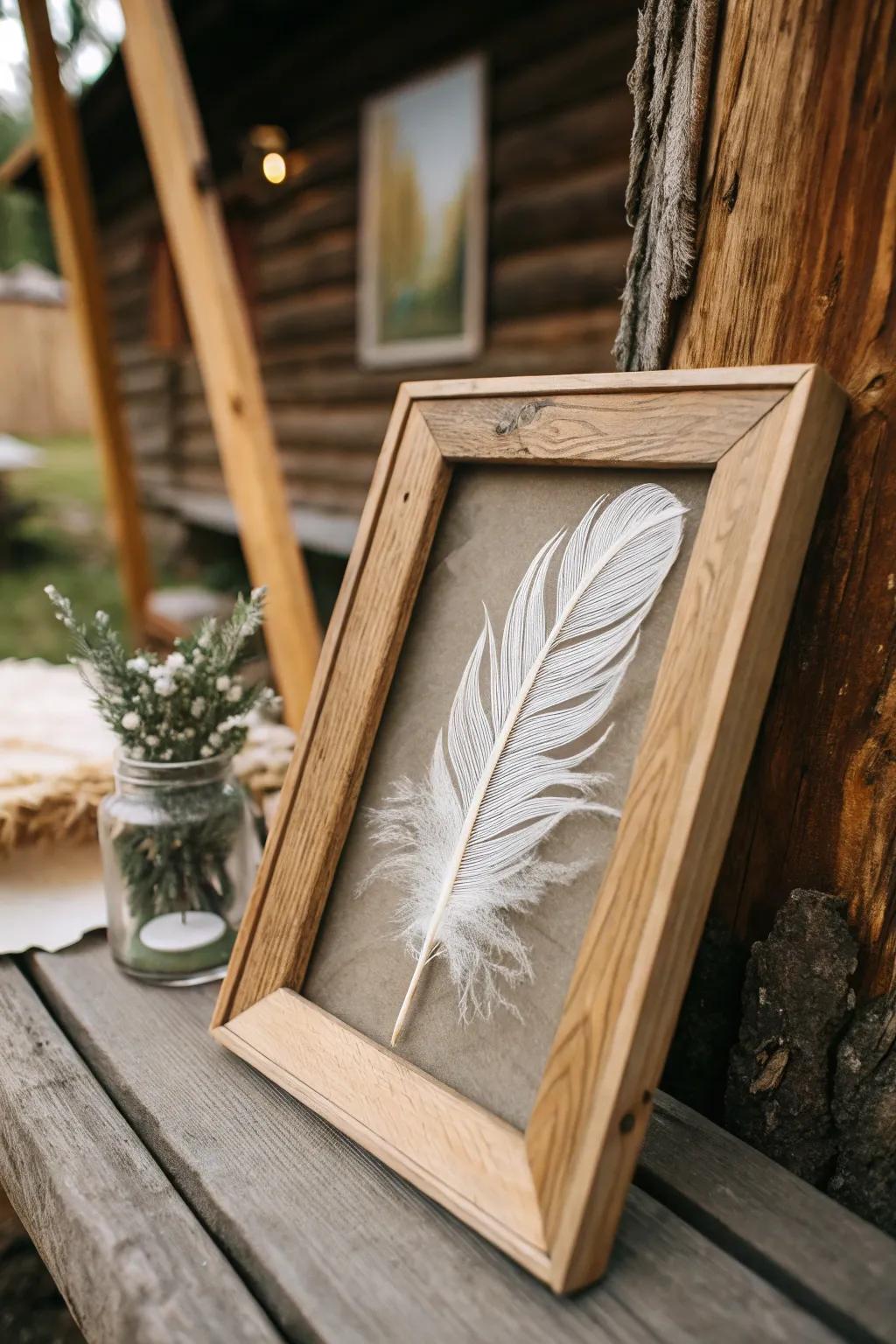 Framed feather art displayed on a rustic wooden backdrop.