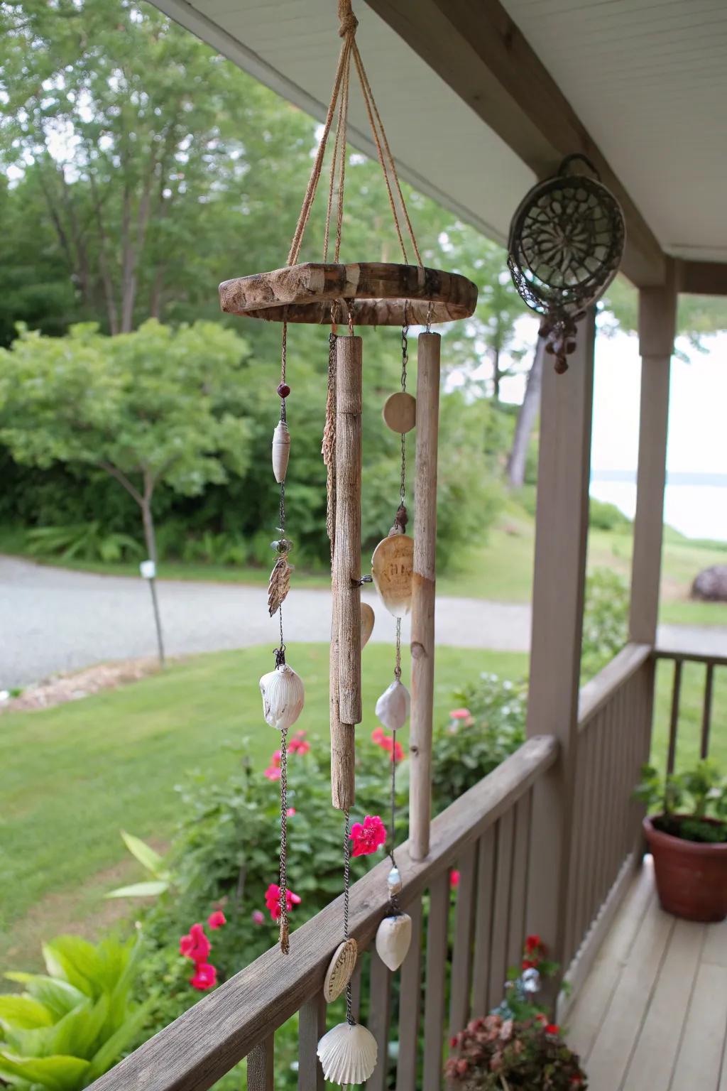 A soothing wind chime crafted from sticks and shells, perfect for garden relaxation.