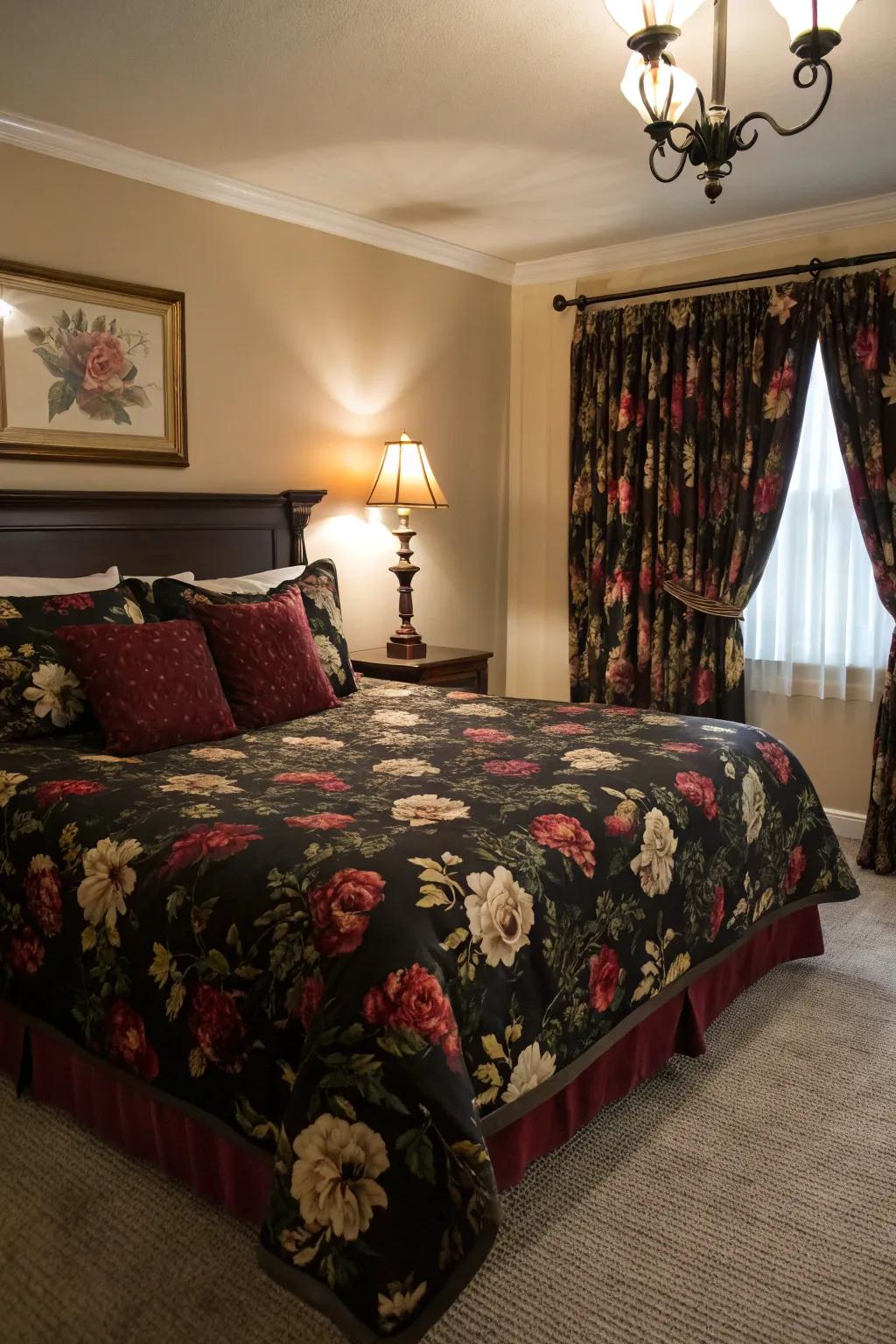 Dark floral patterned bedspread adds a touch of nature-inspired elegance.