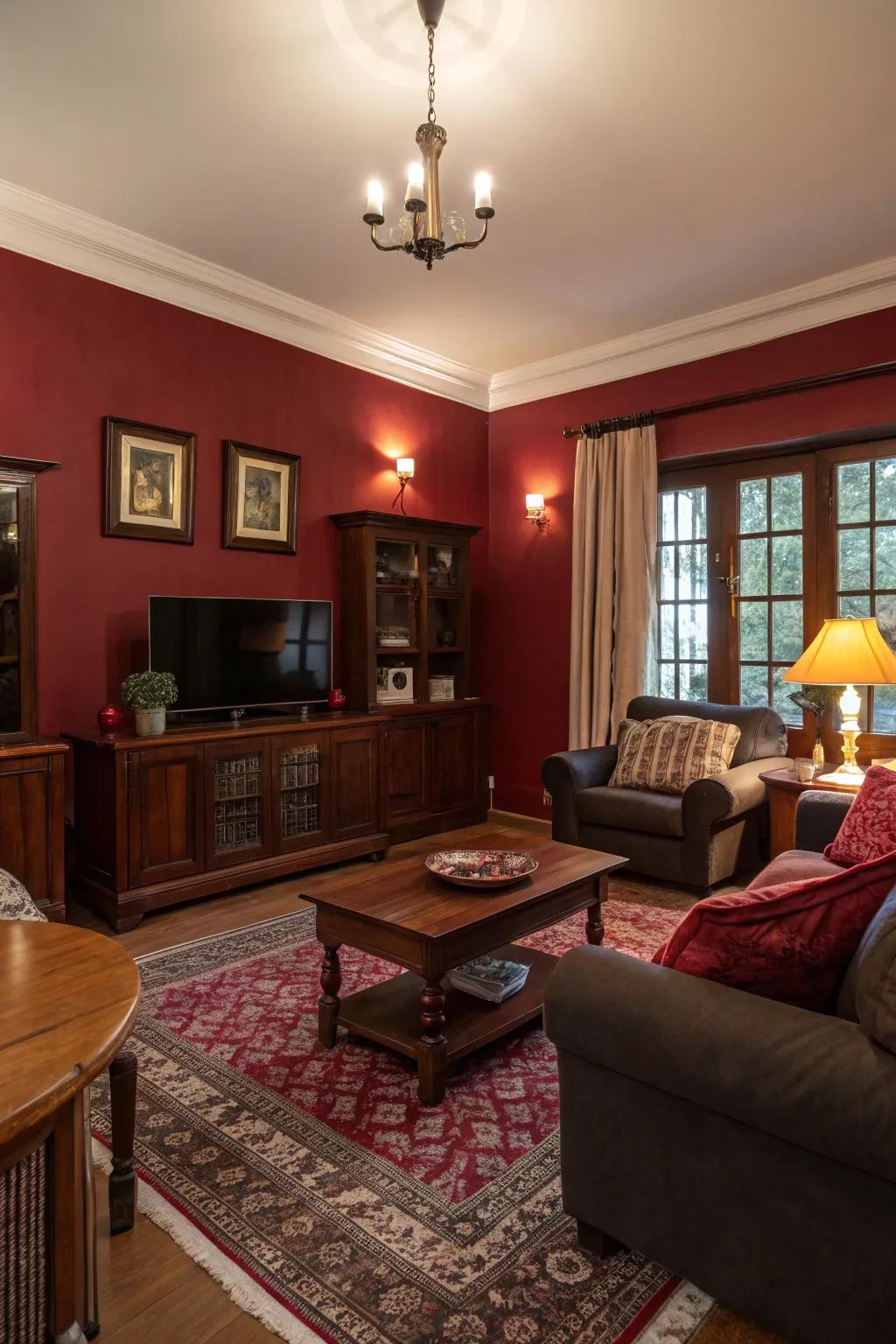 A warm living room with dark red walls and dark wood furniture.