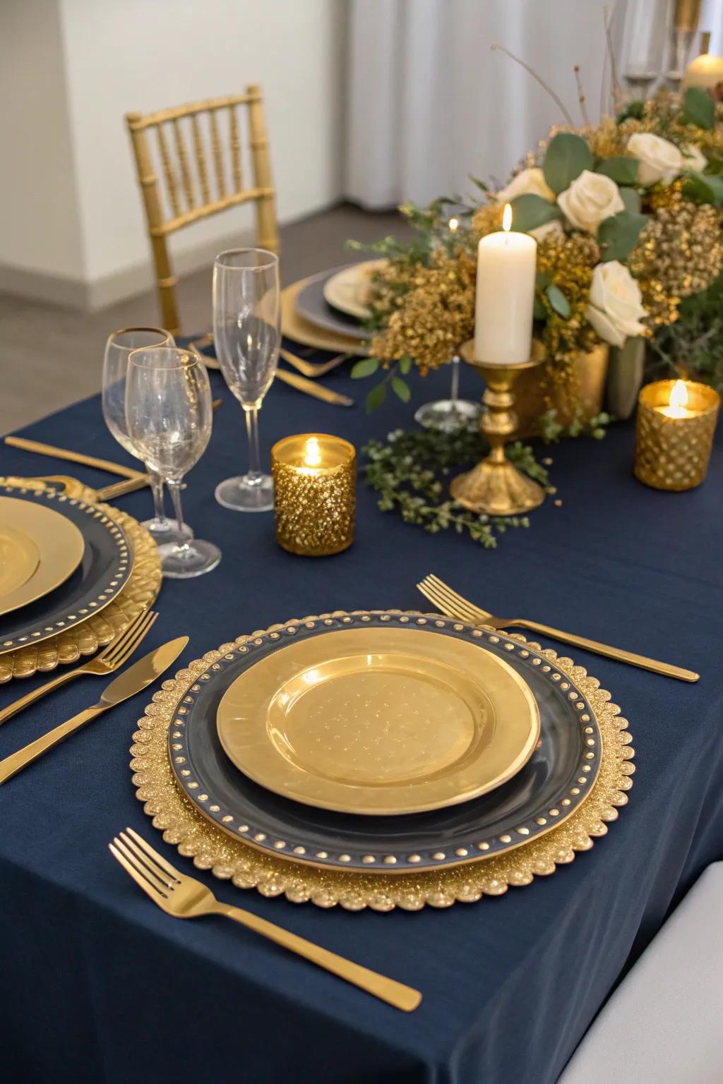 Navy and gold create an elegant atmosphere.