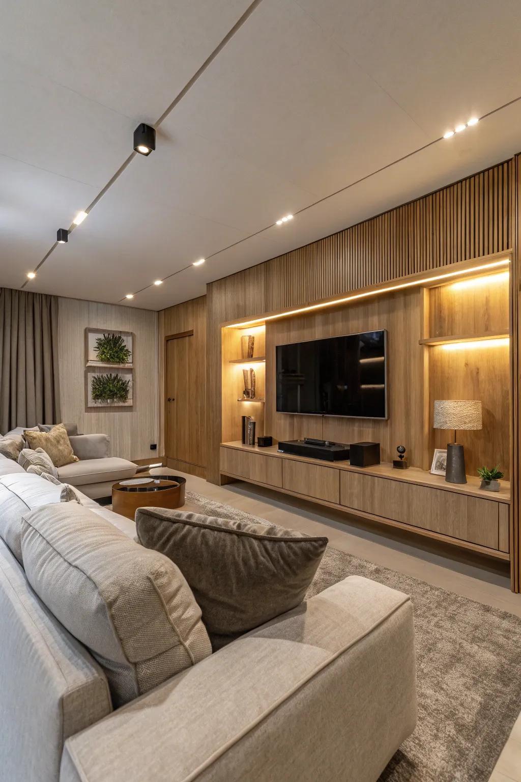 TV wall with light wood paneling adding warmth to a modern living room.