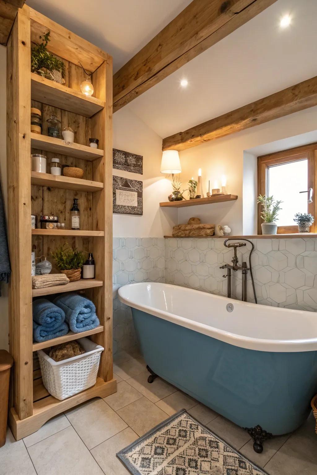 Natural wood accents complement the cool tones of a blue bathtub beautifully.