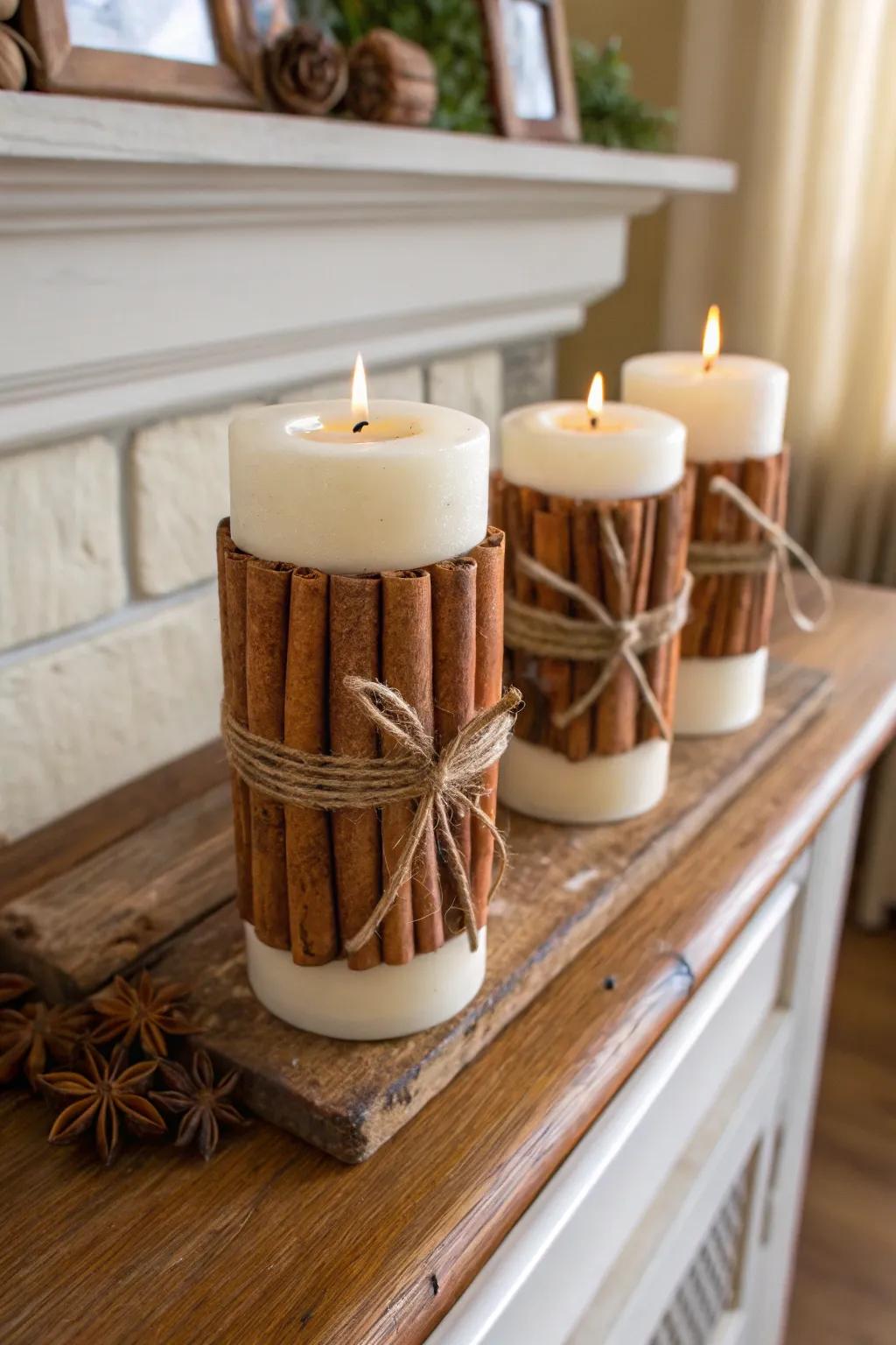 Candles wrapped in cinnamon sticks for a cozy, aromatic touch.