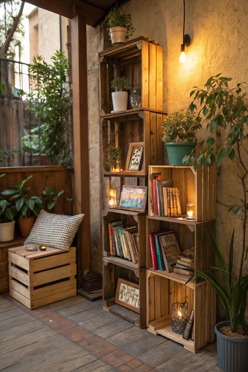 Stacked wooden crates create a charming and functional bookshelf.