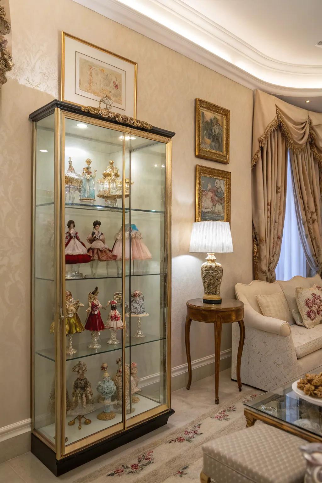 A glass cabinet showcasing delicate dolls while keeping them protected.