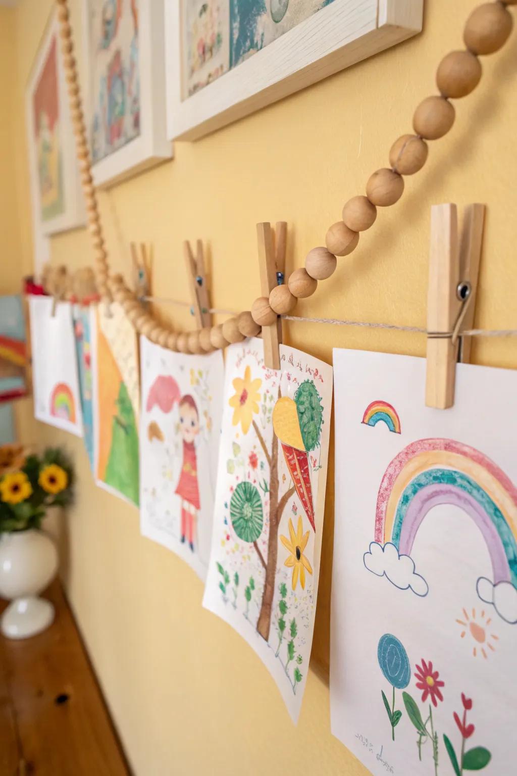 A playful wood bead clip garland displaying children's artwork.