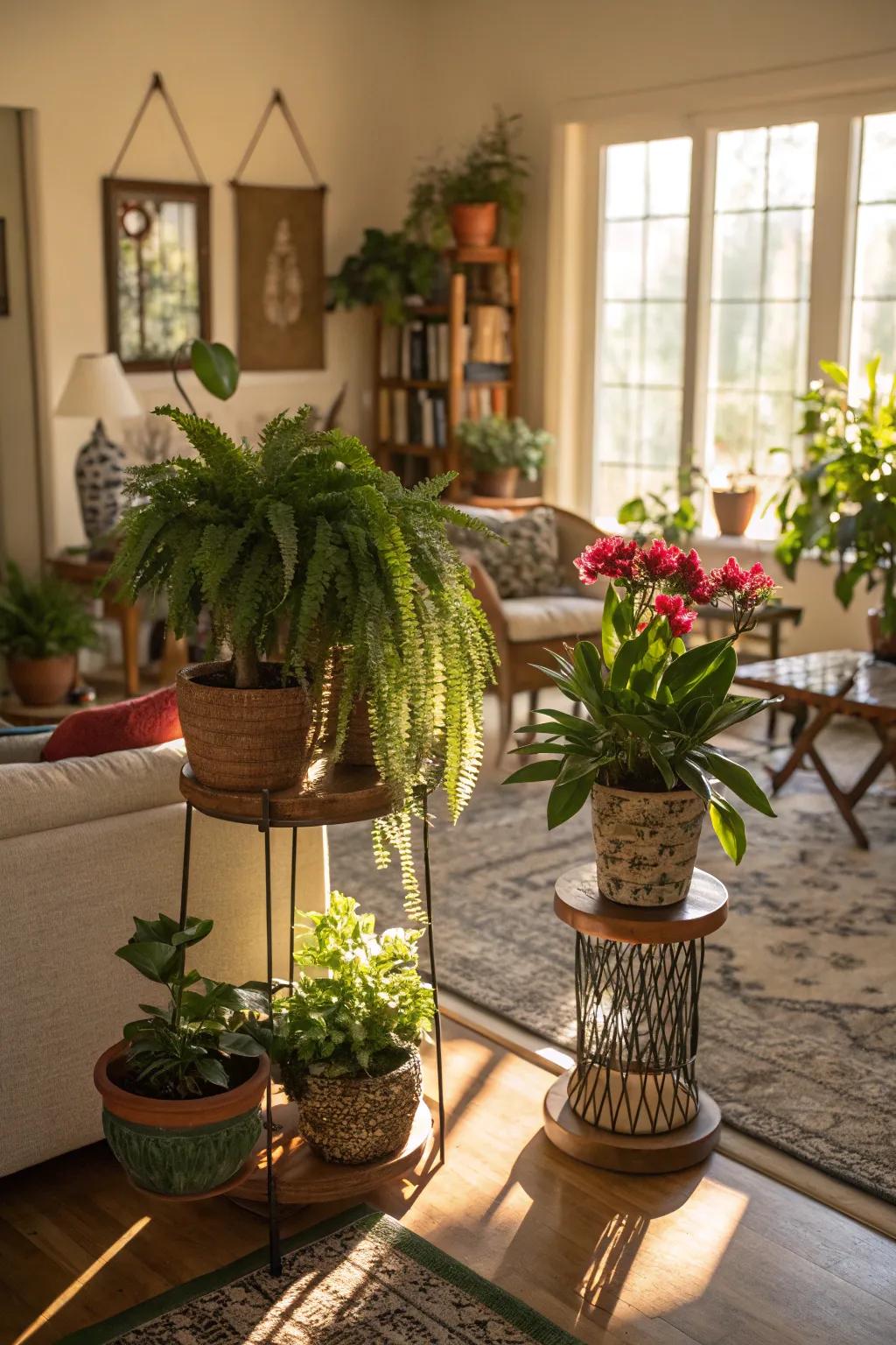 Elevated elegance with diverse plant stands.