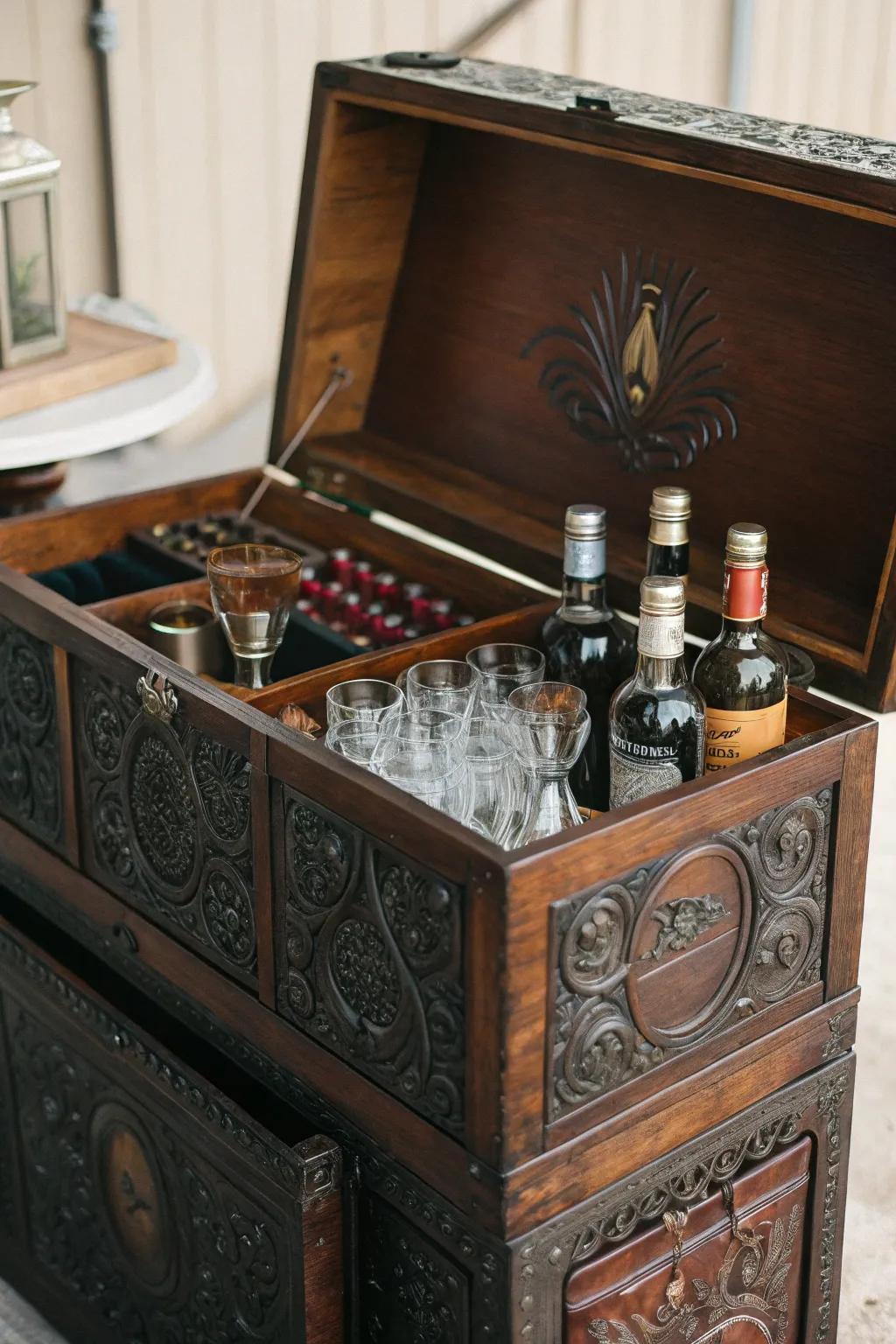 Give new life to a vintage trunk as a unique liquor cabinet.