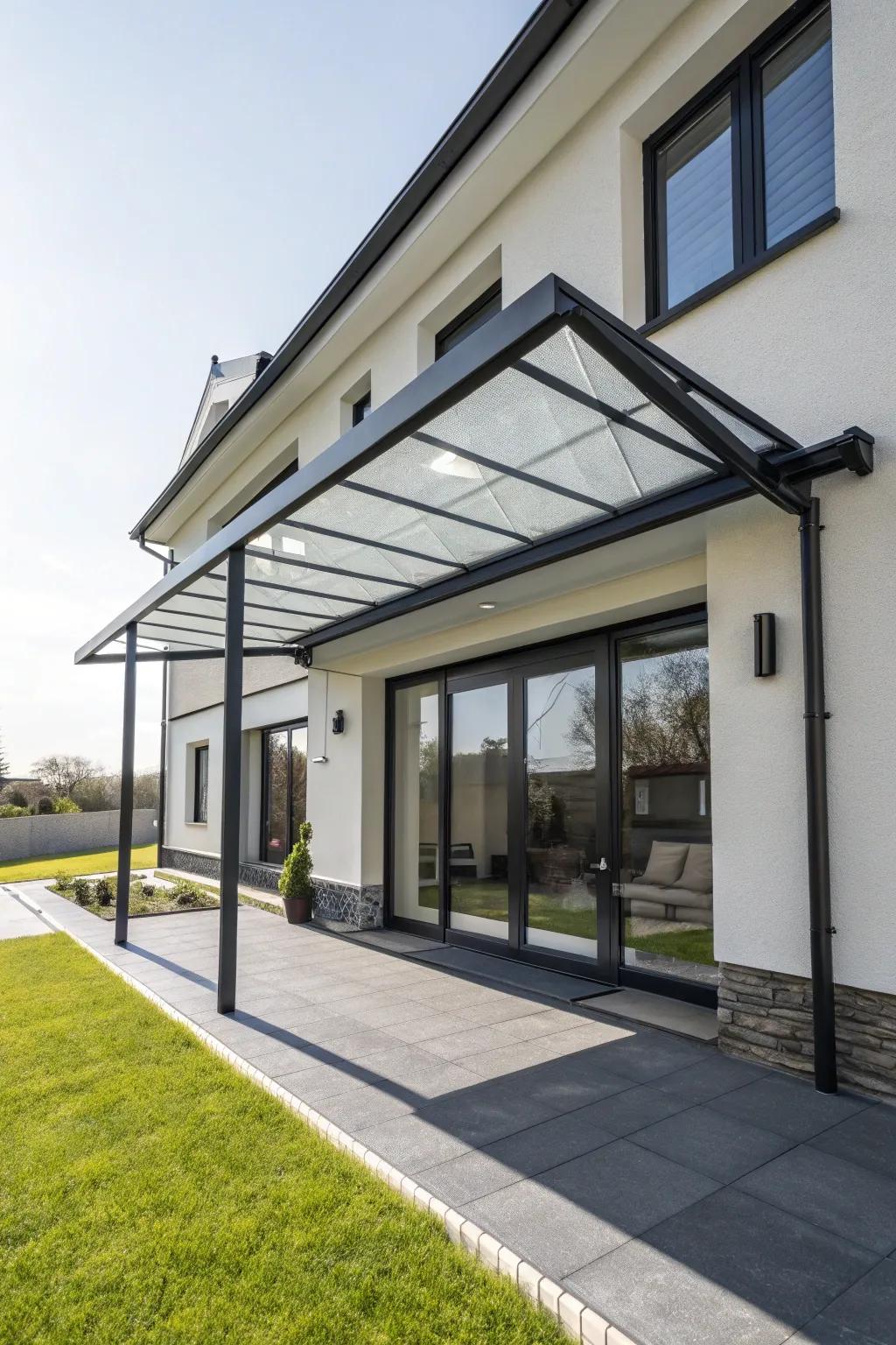 A polycarbonate canopy adds a modern flair while providing rain protection.