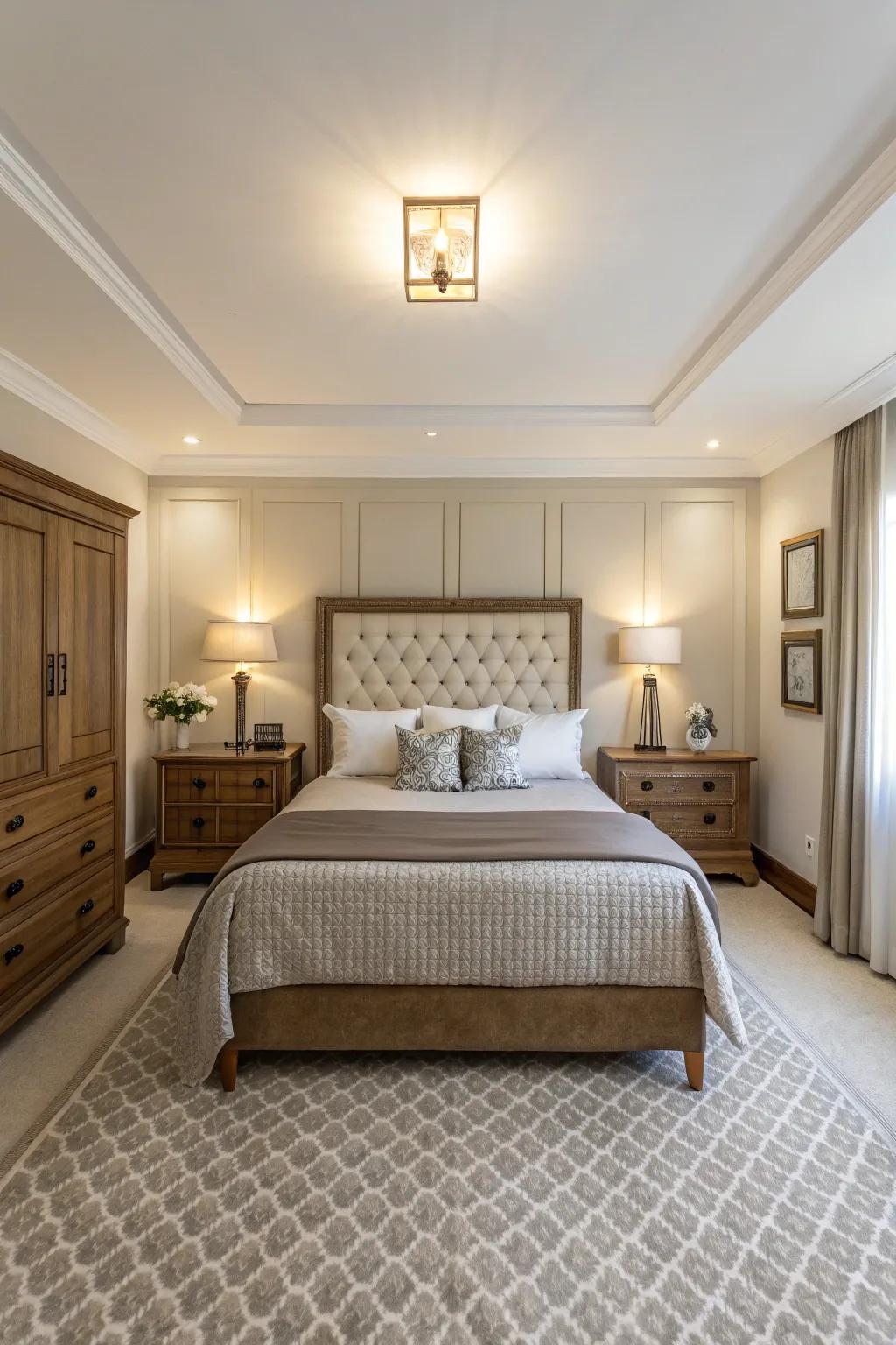 Achieve harmony with a symmetrical setup that includes a dresser at the bed's foot.