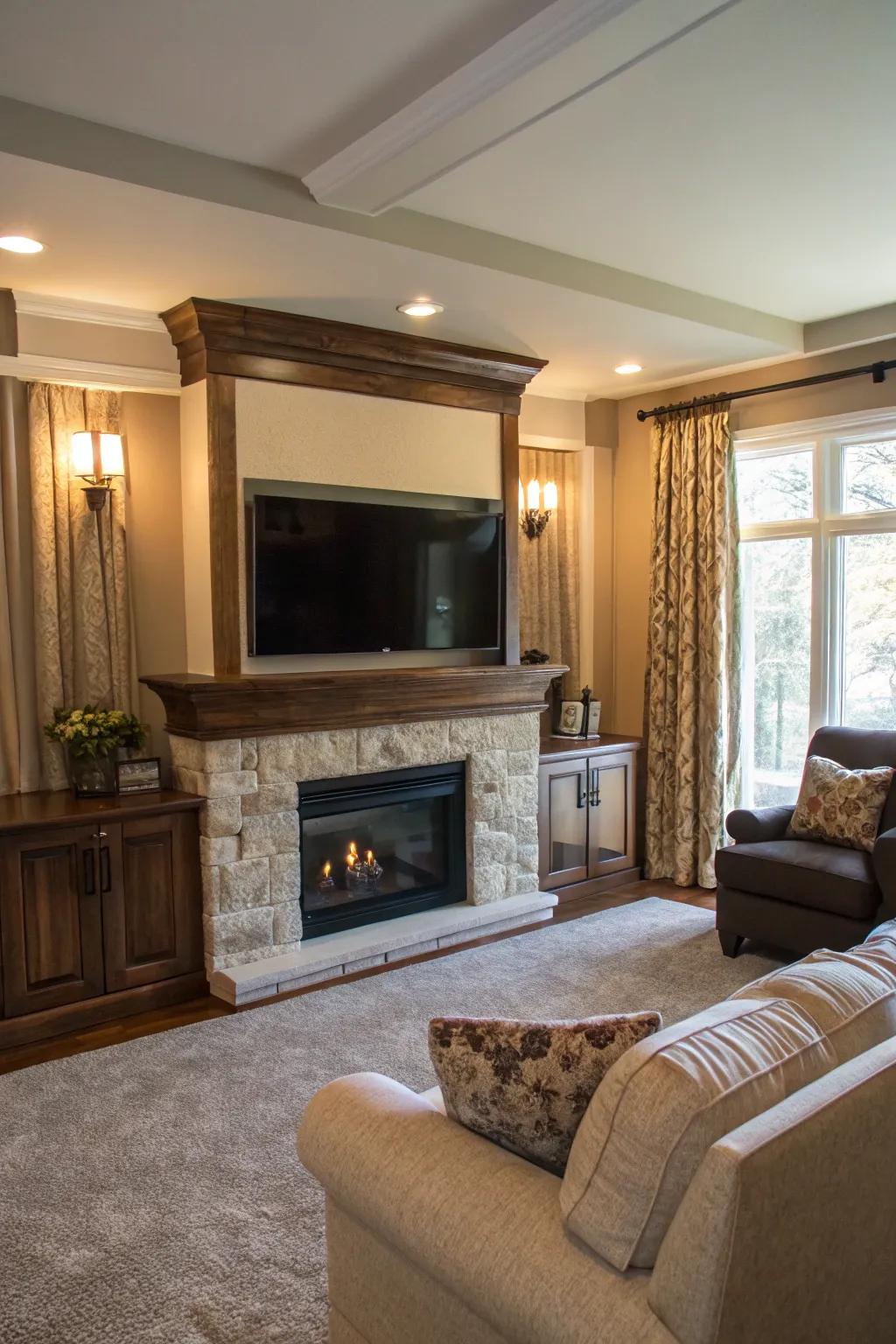 A fireplace beneath the TV creates a warm and inviting focal point.