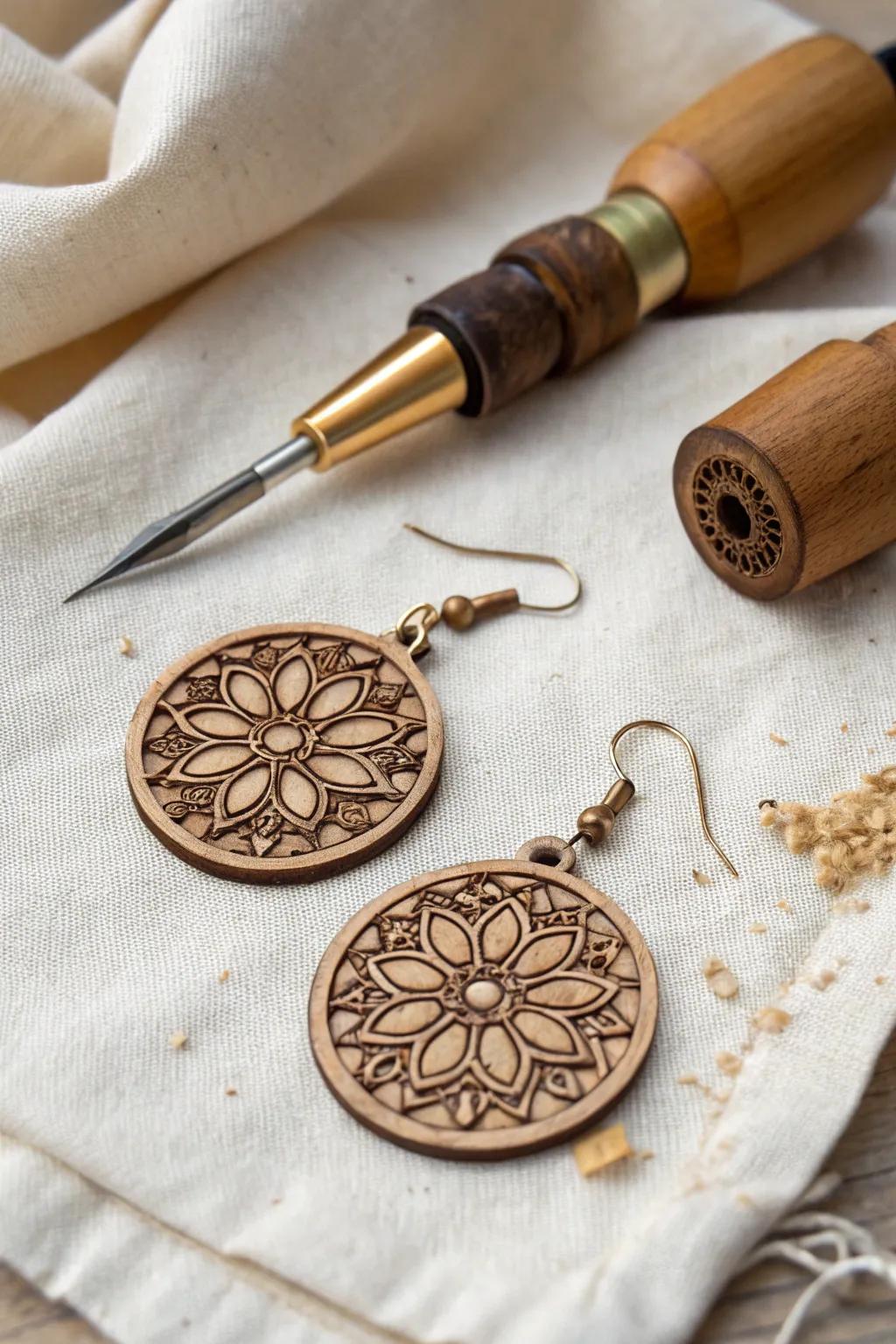 Chic wood burned earrings, perfect for adding a rustic touch.