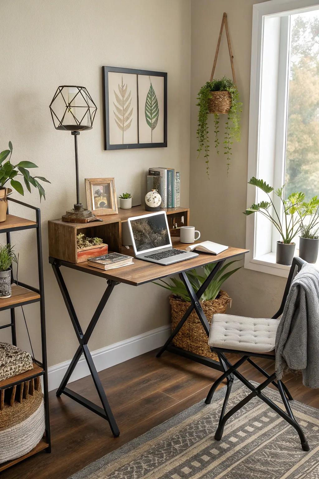 A functional foldable desk for a flexible workspace.