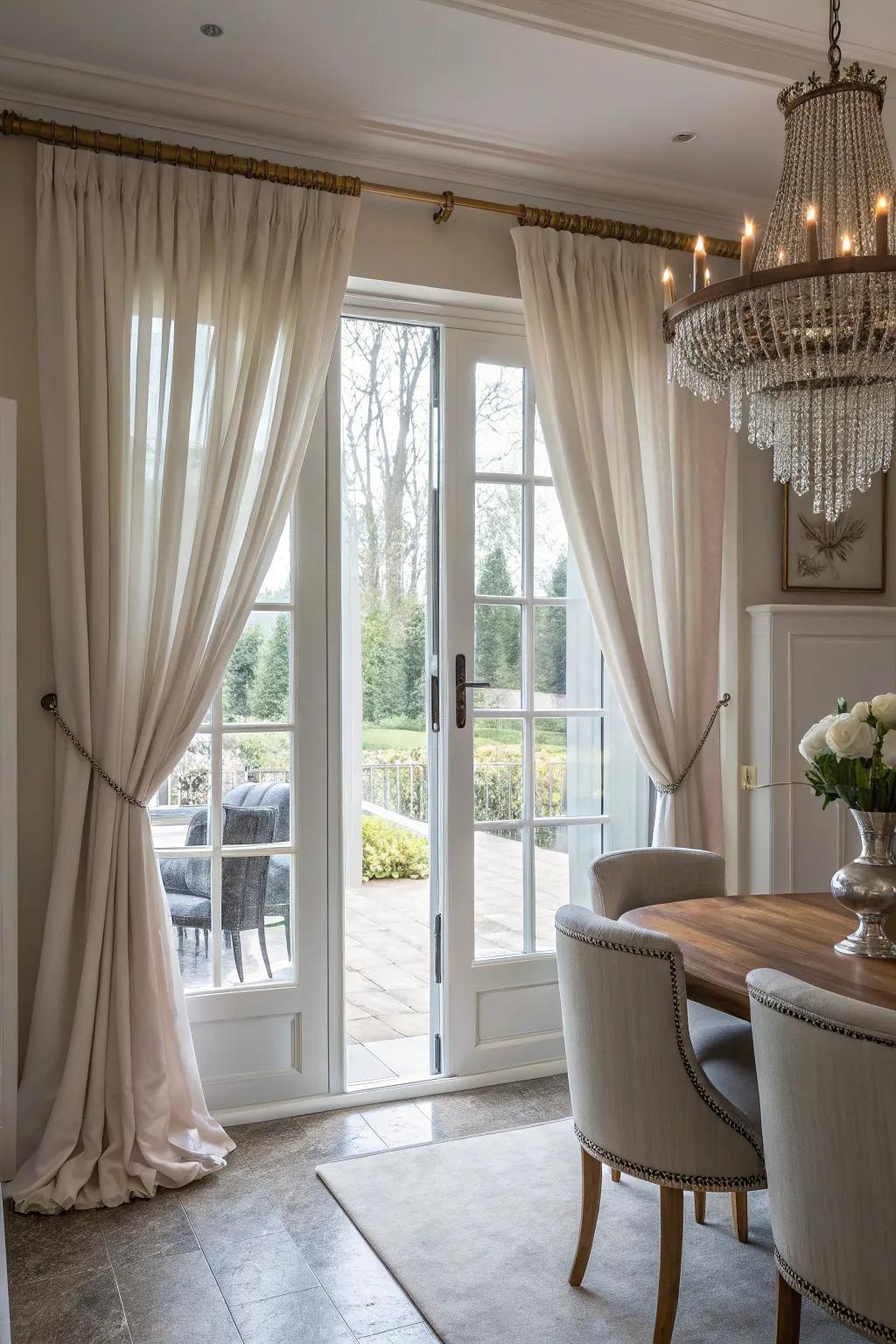 Layered curtains offering flexible privacy and style for French doors.