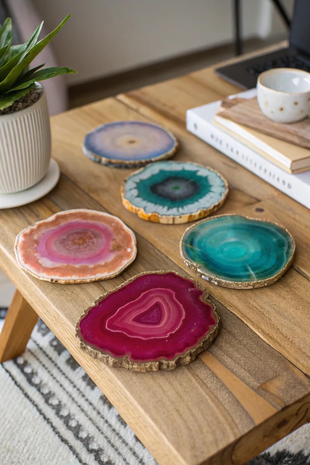 Colorful agate coasters adding elegance to a coffee table.