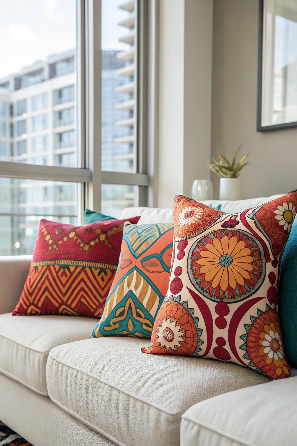 Custom throw pillows adding a pop of color to a cozy sofa.