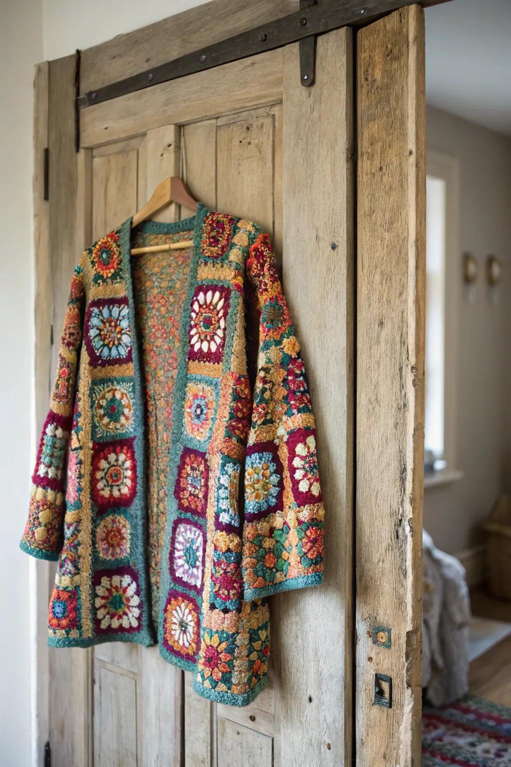 A cozy cardigan created from colorful granny squares, perfect for any season.