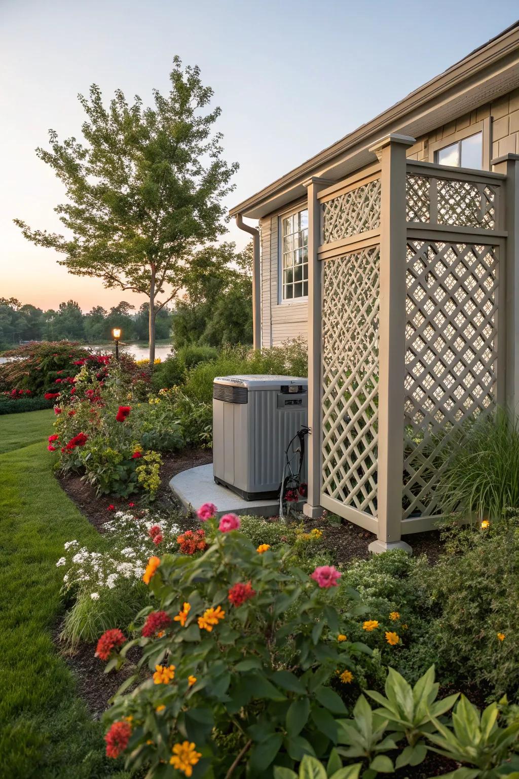 A lattice screen elegantly hides the generator, blending with the garden.