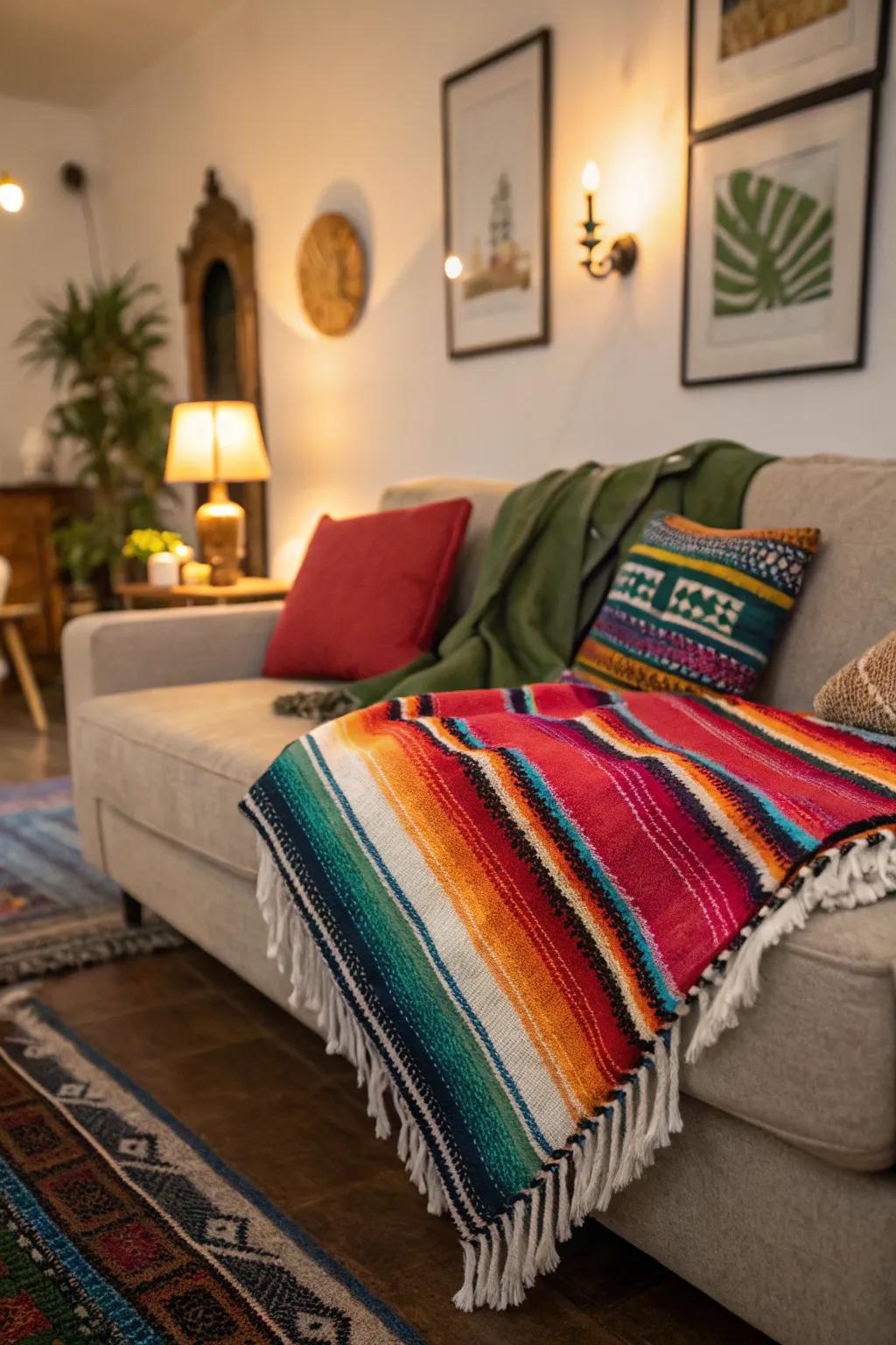 Cozy up with a vibrant Mexican blanket that doubles as decor.