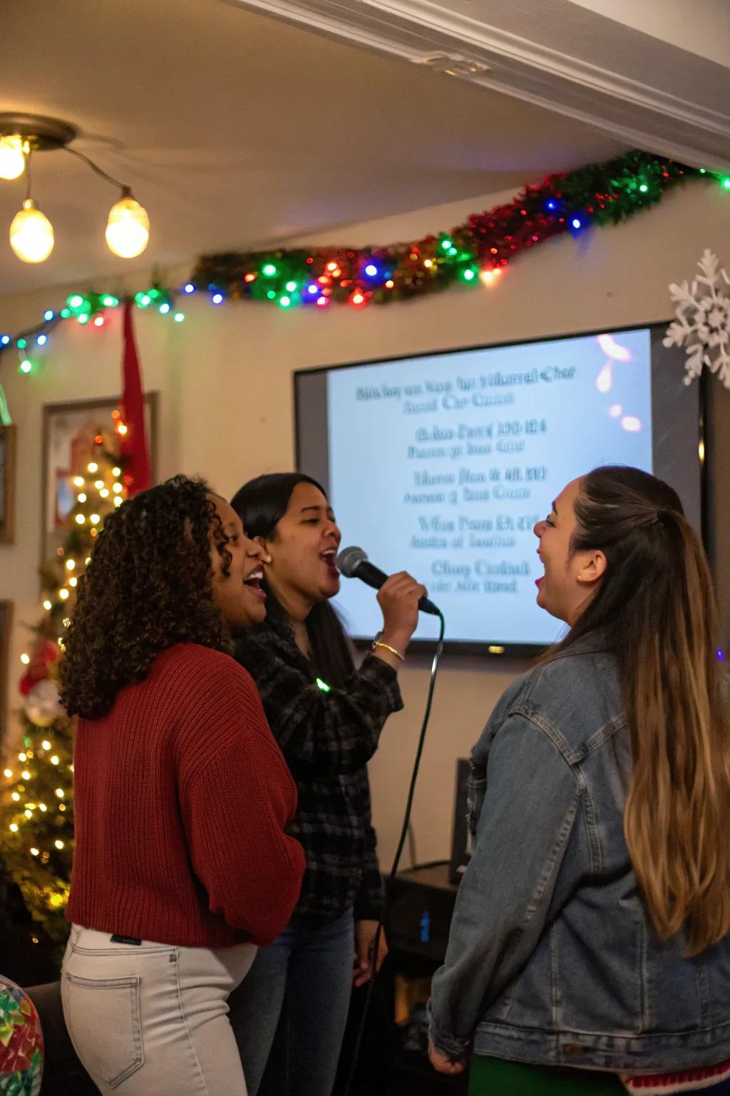 Friends enjoying a lively holiday karaoke session.