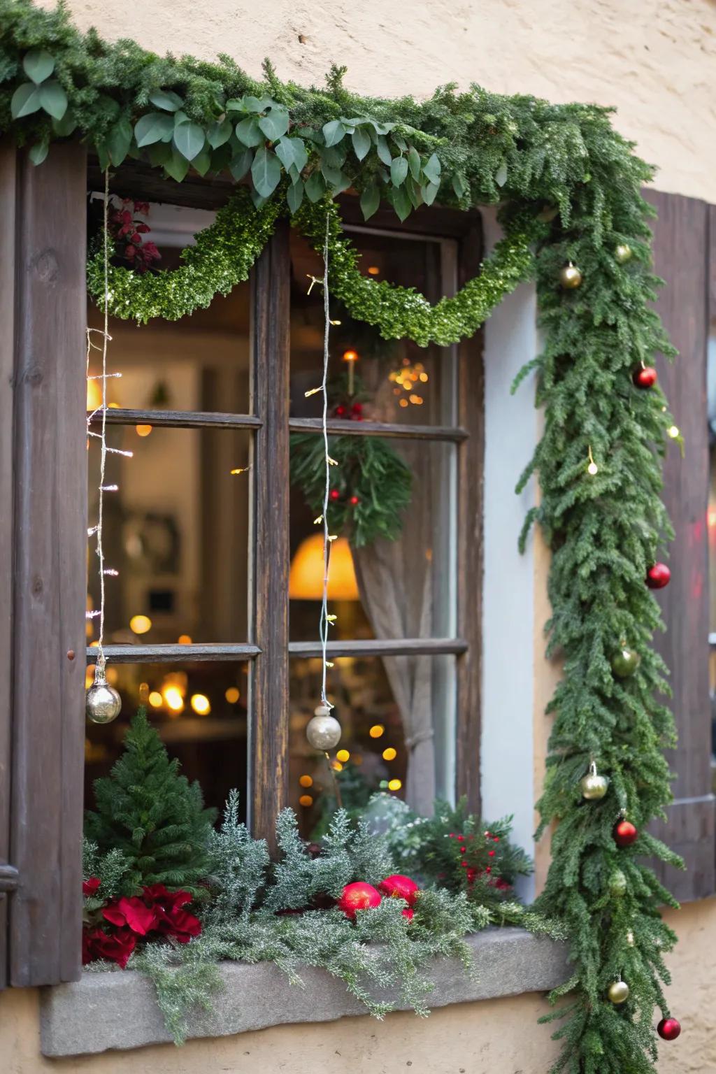 A festive window framed with green garlands and ornaments.