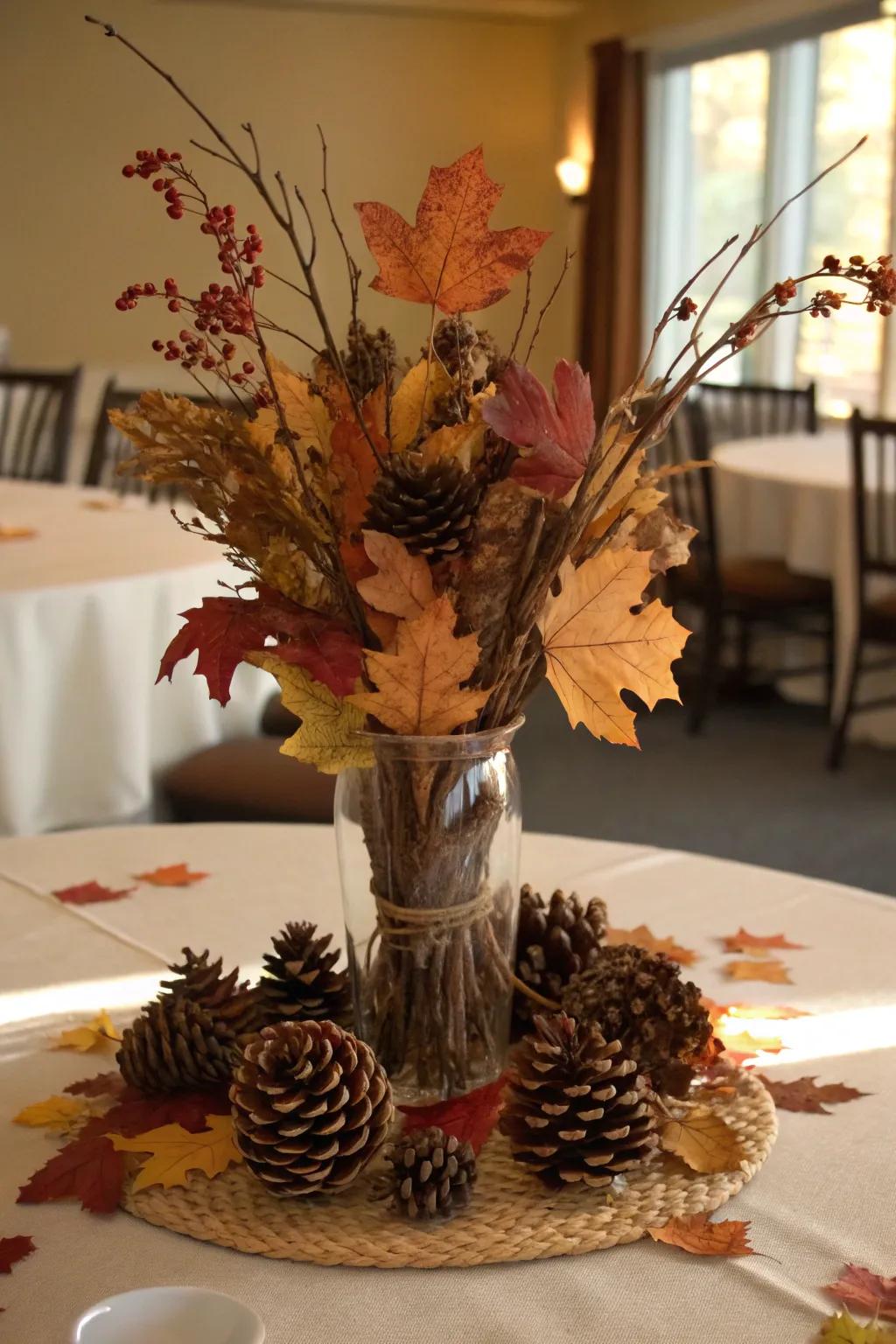 Natural elements like pinecones and branches add an organic fall feel to your decor.