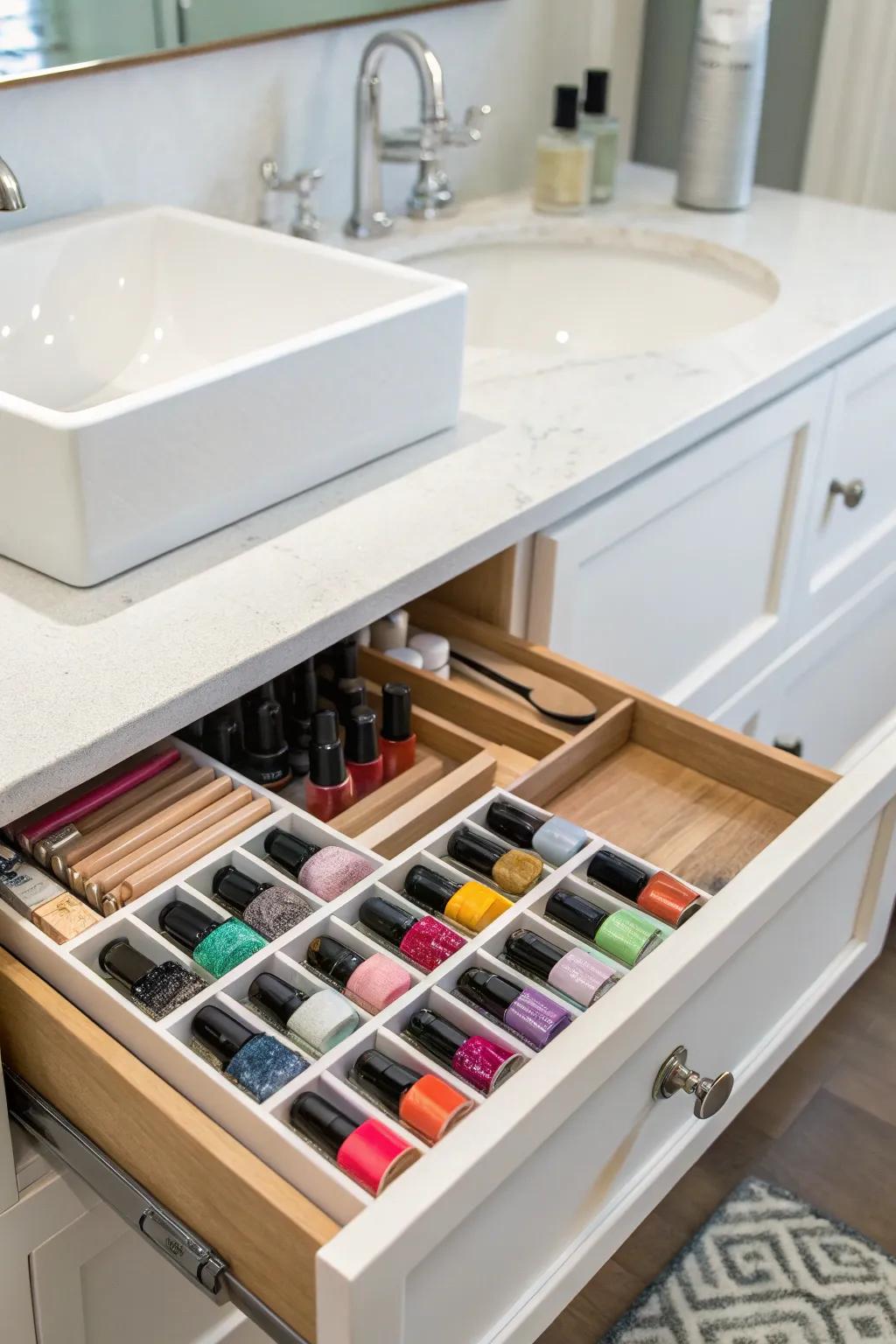 Keep your nail polish collection tidy with a practical drawer organizer.