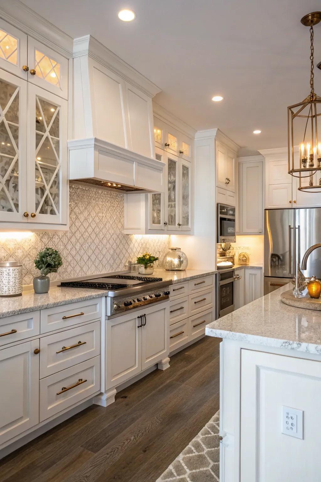 A sophisticated all-white kitchen with warm accents.