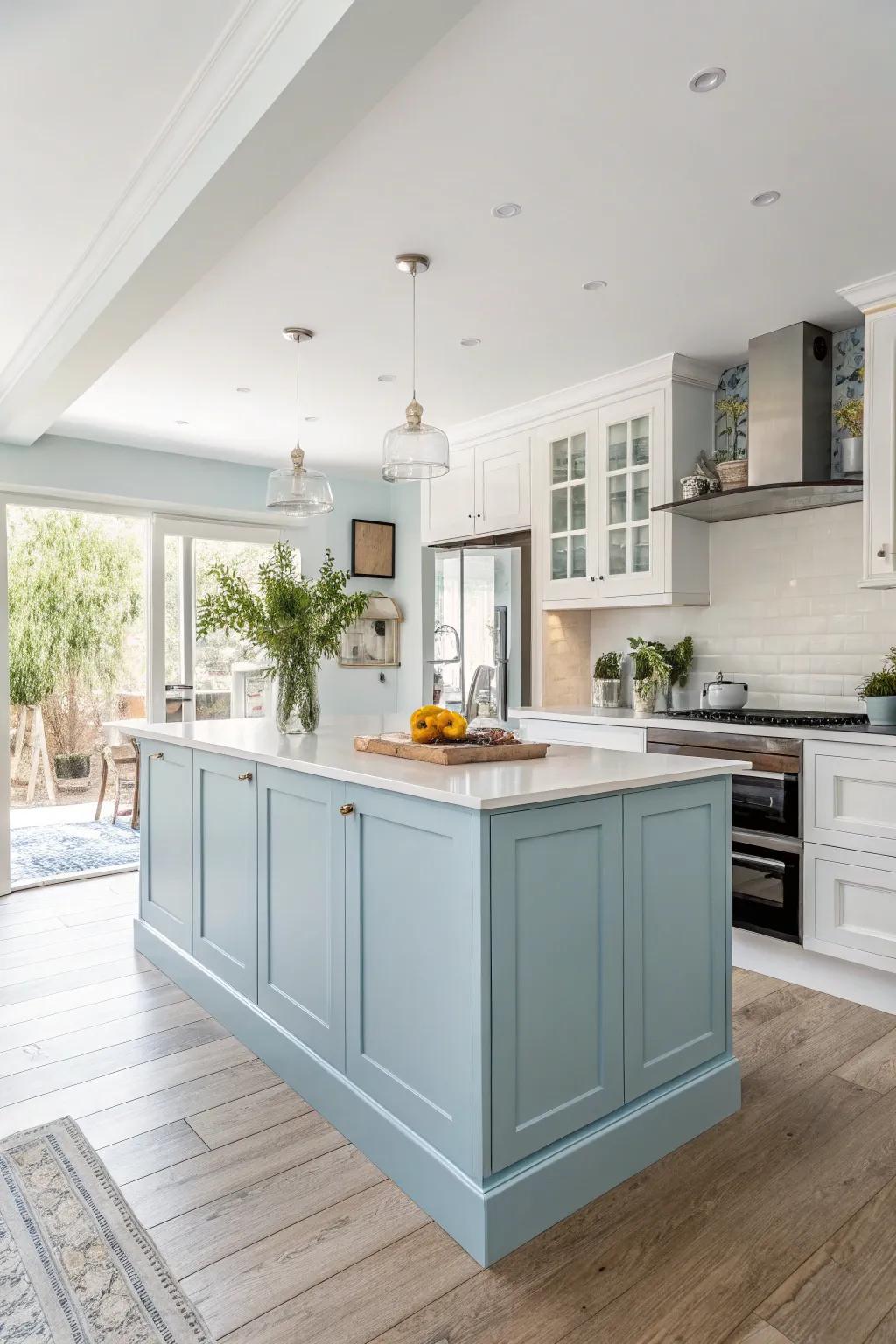 A soothing blue-painted kitchen peninsula that adds charm.