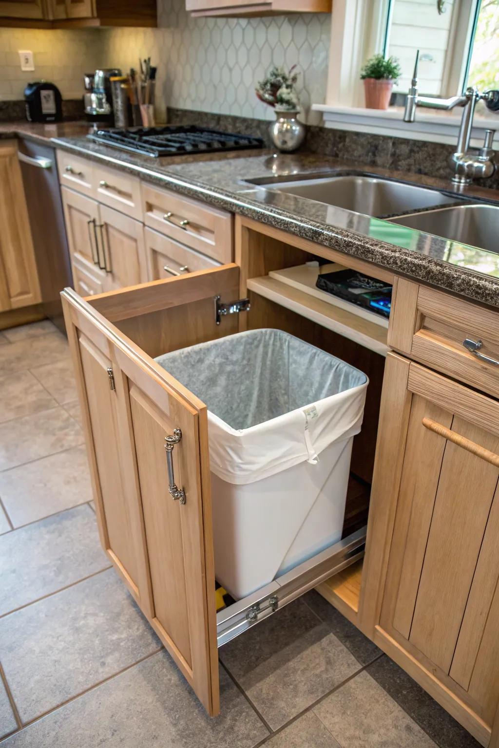 A discreet cabinet pull-out trash bin in a stylish kitchen.