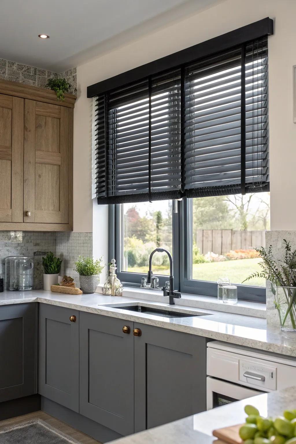 Black kitchen blinds add a contemporary edge to the space.