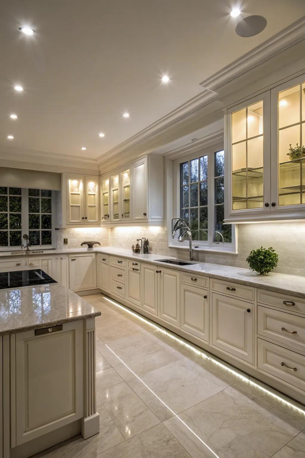 Recessed lighting provides even illumination in a windowless kitchen.