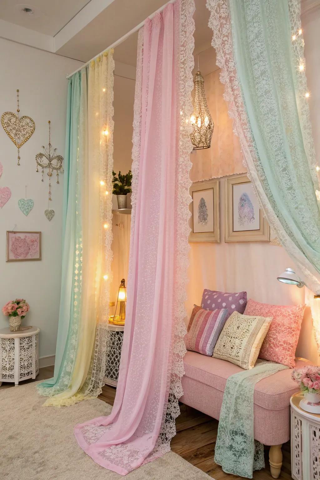 Colored lace curtains bring a fresh twist to any space.