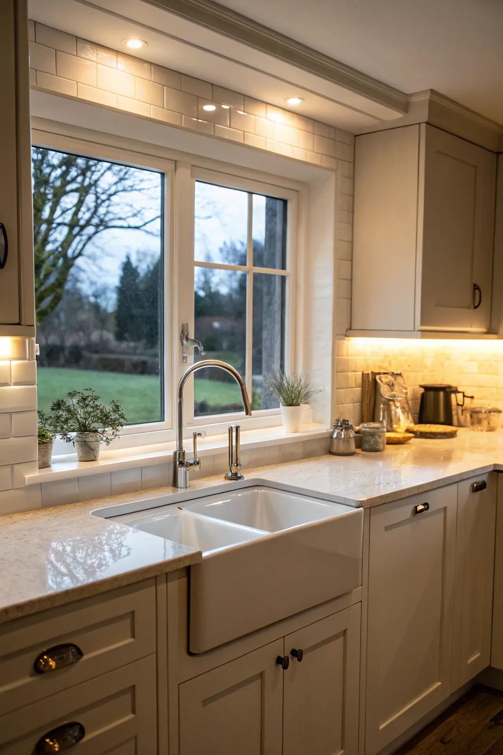 Soft under-cabinet lighting creates a cozy glow over the kitchen sink.