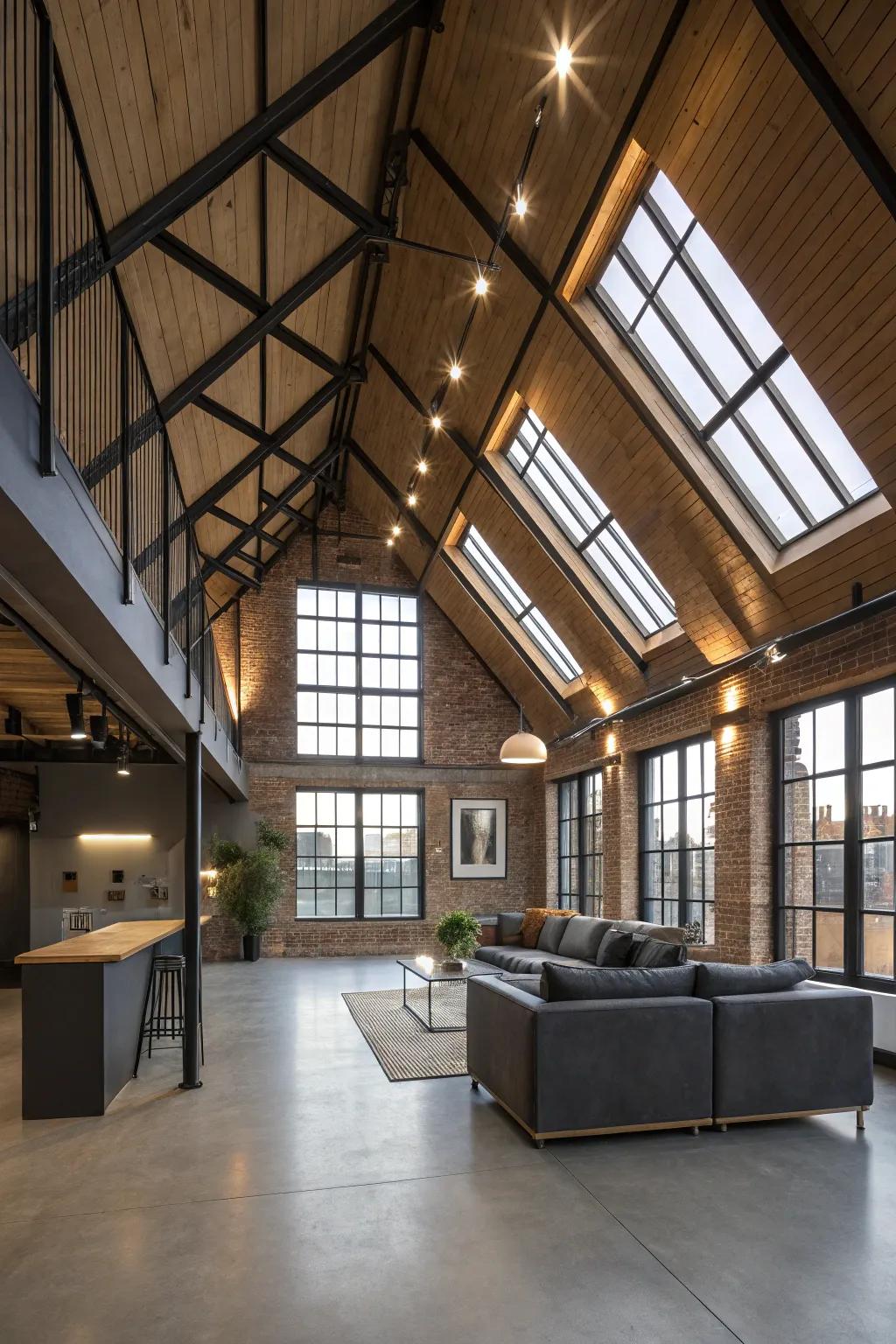 A modern loft where recessed lighting highlights the room's architectural features.