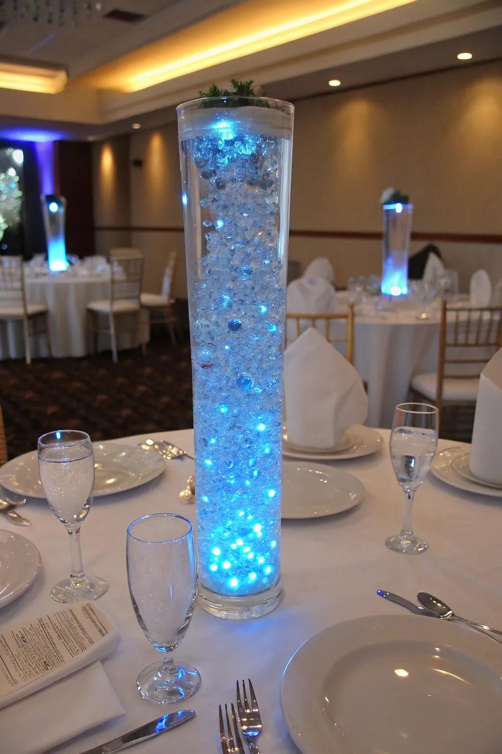 An elegant dining table centerpiece with submersible LEDs and water beads.