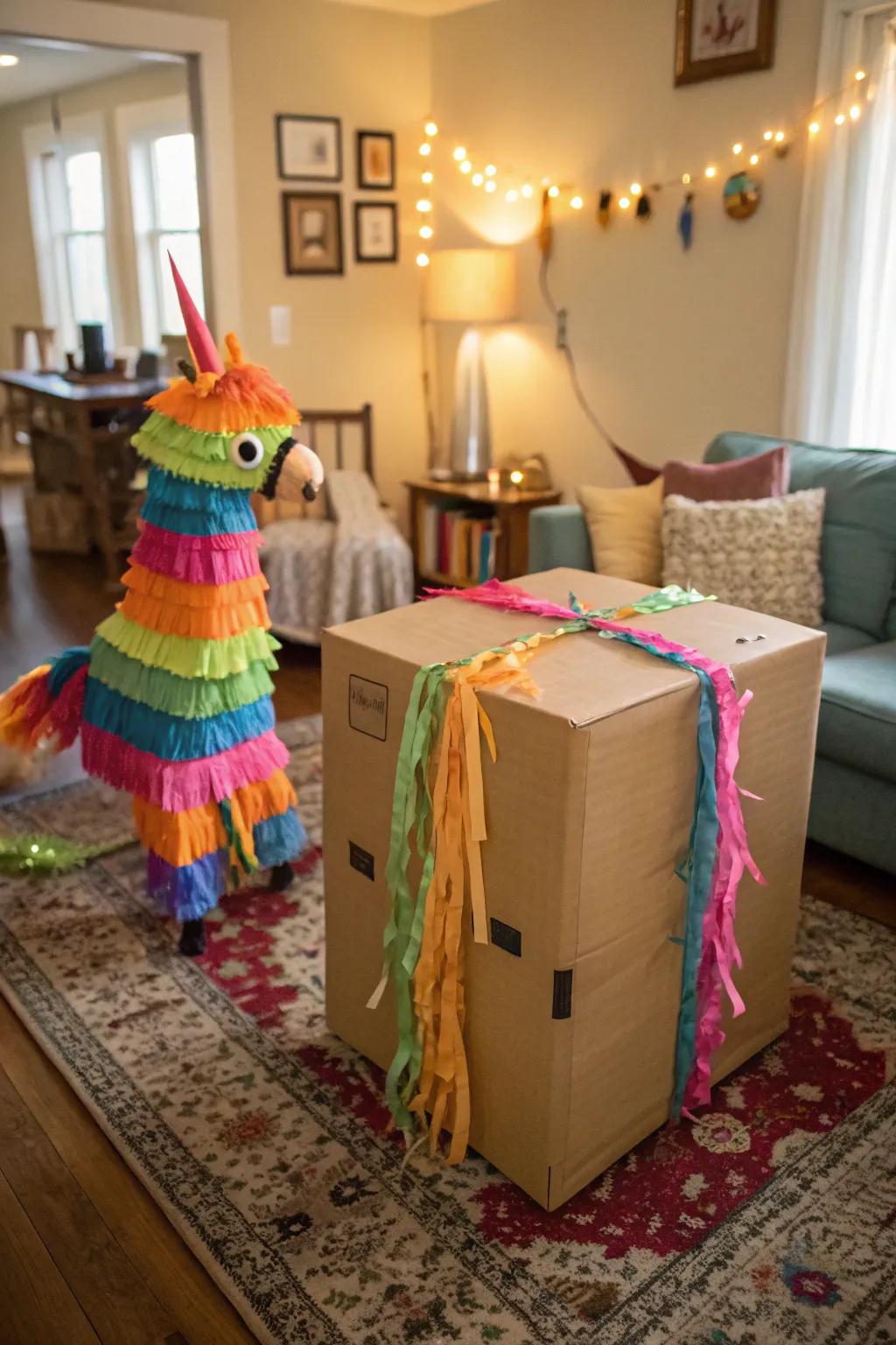 A rectangular pinata crafted from a cardboard box and adorned with colorful streamers.