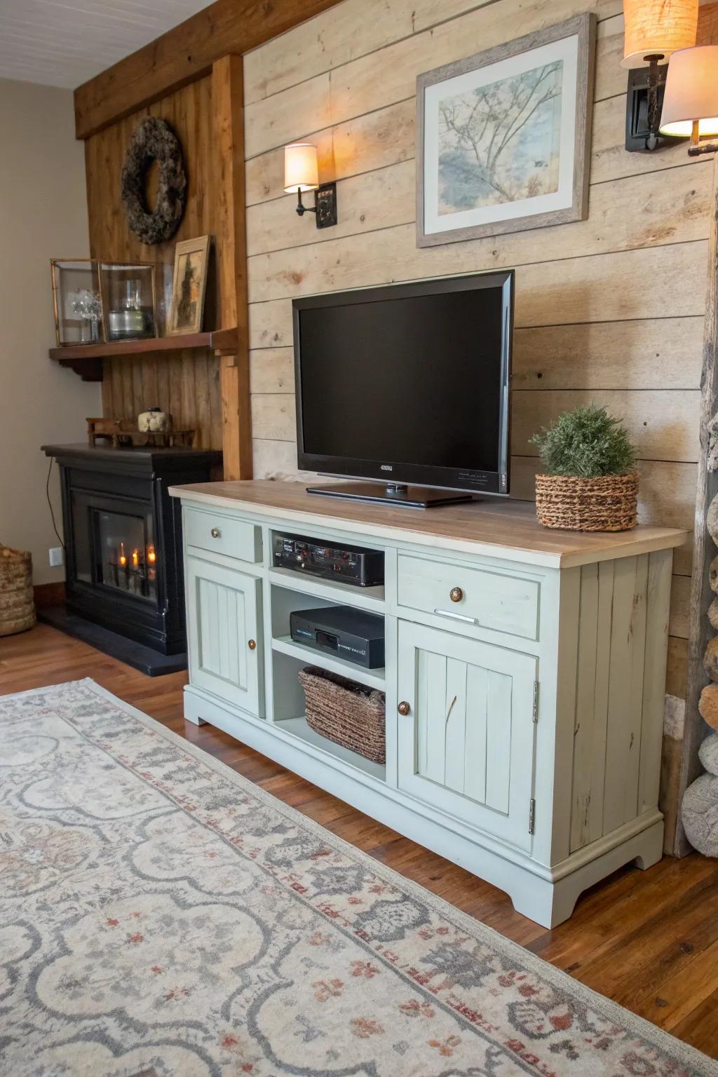 Chalk paint transforms a TV stand into a vintage centerpiece.