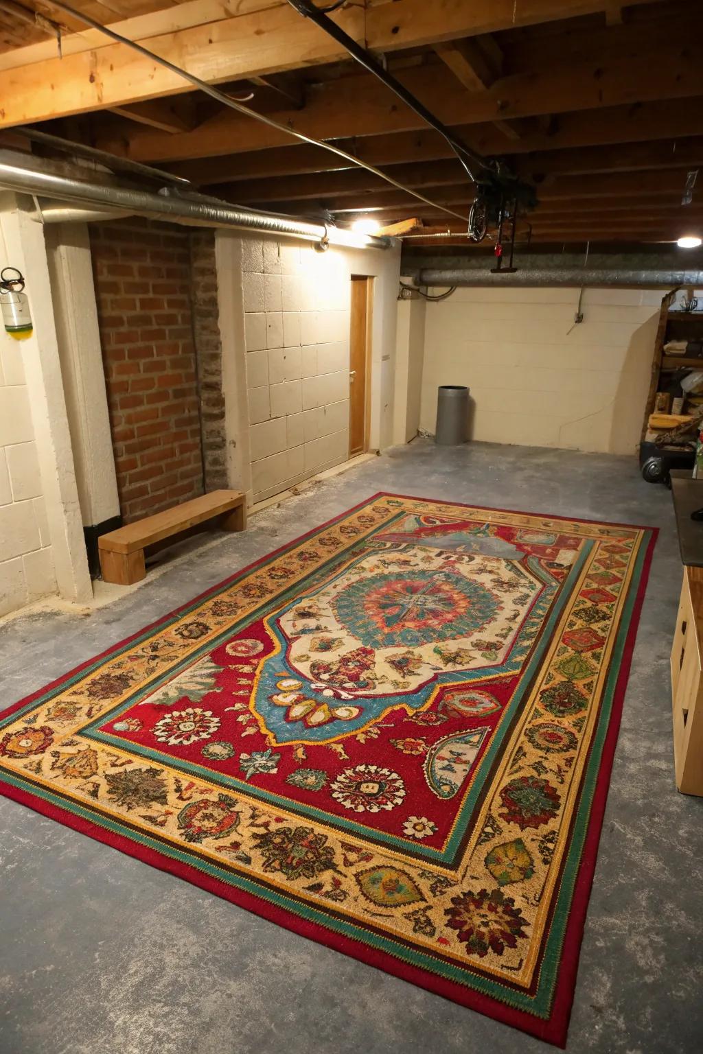 A faux rug can add charm and warmth to your basement.