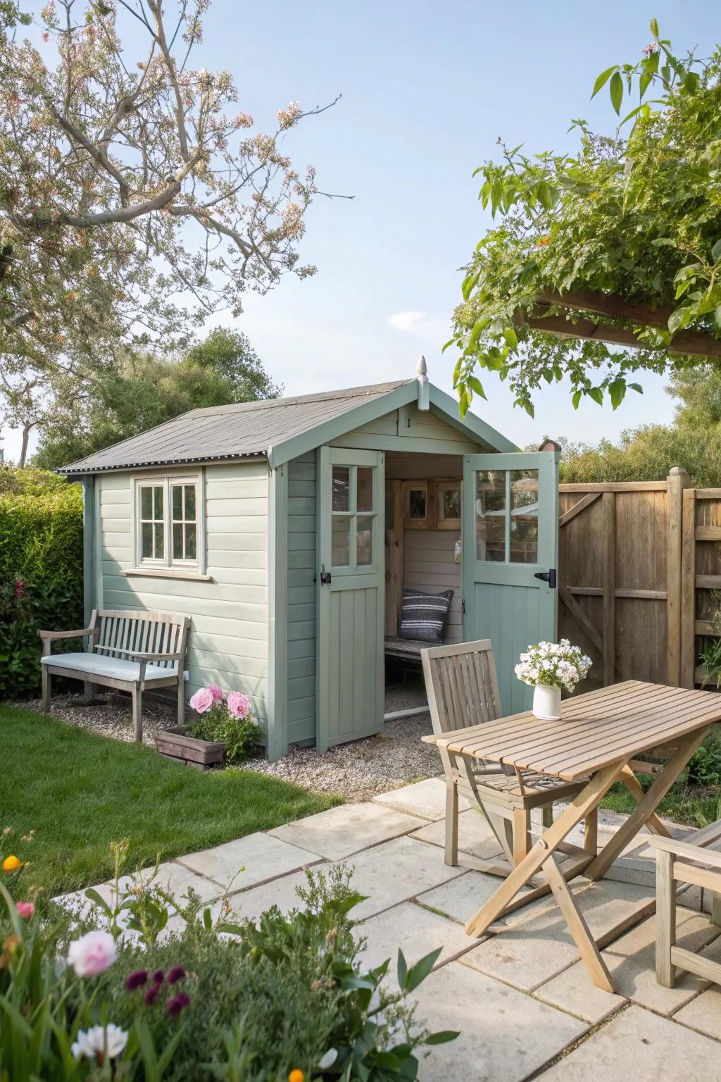 A serene shed painted in soft pebble grey, enhancing the garden's tranquility.