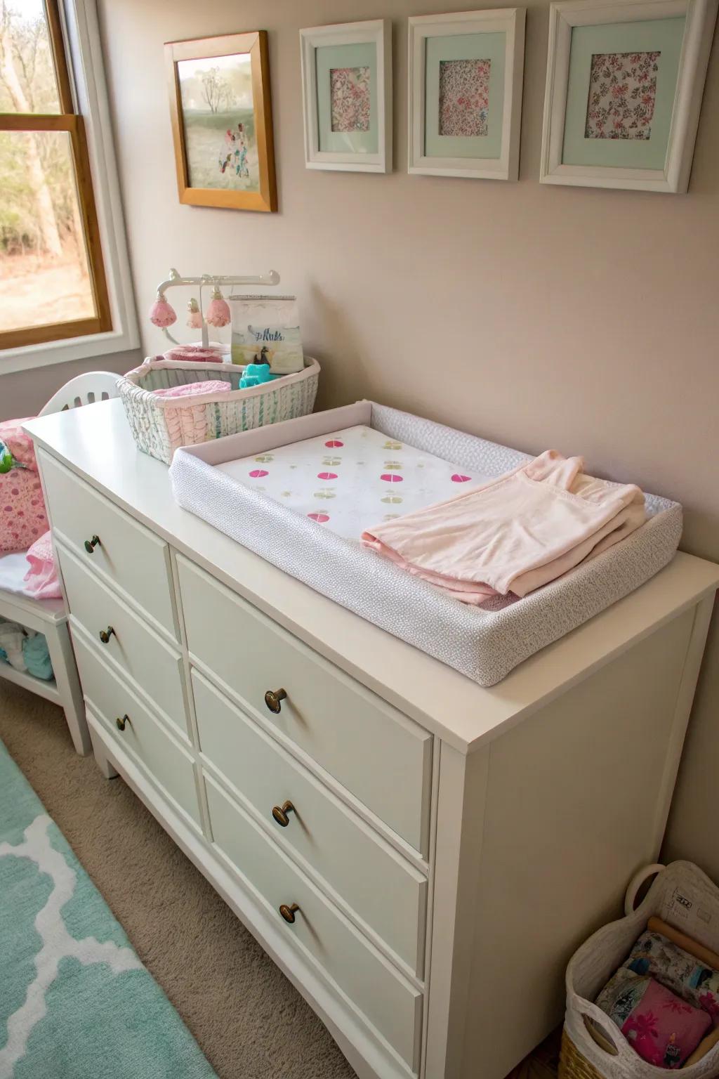 A dresser with a changing pad on top, serving dual purposes in a nursery.