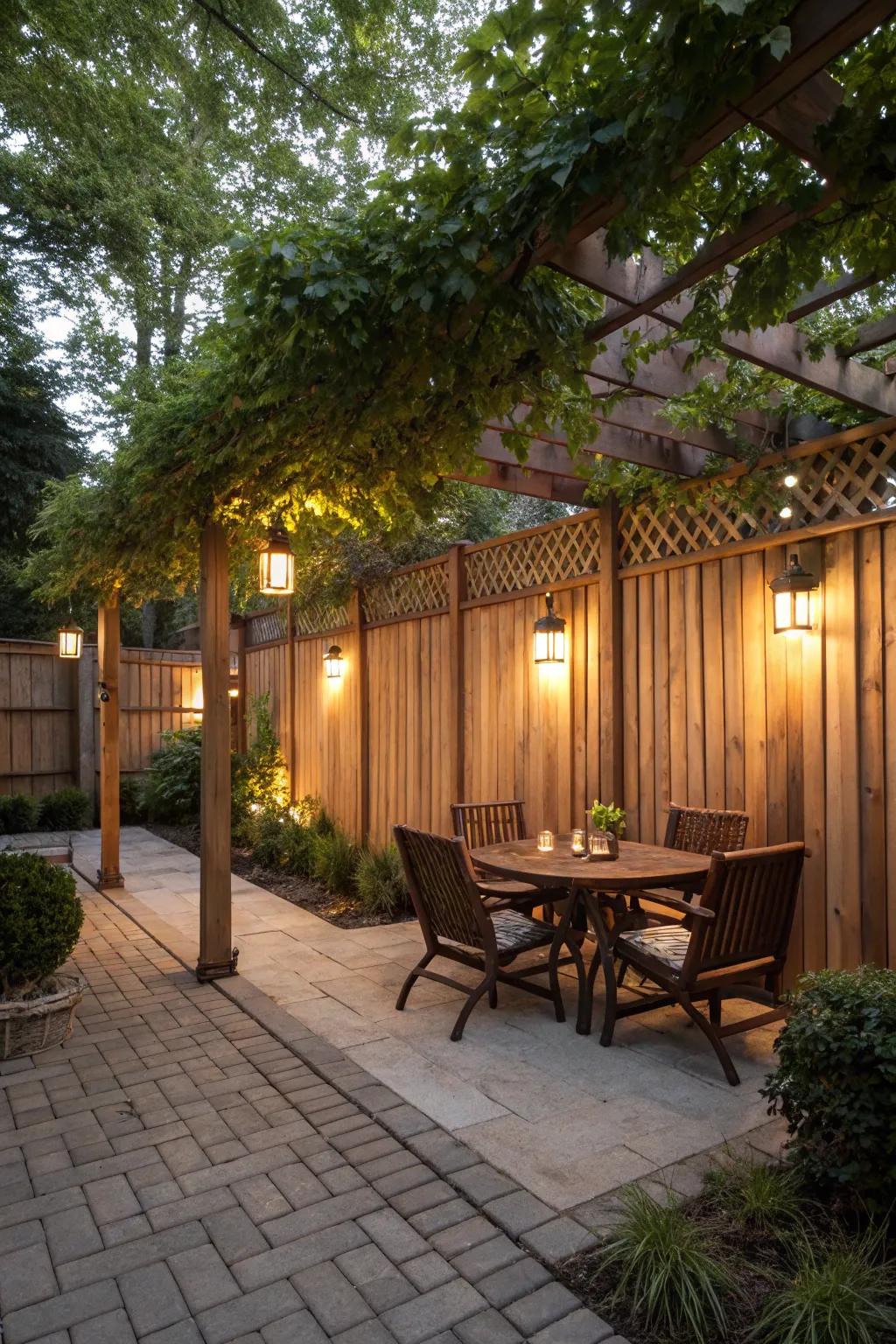 Tall wooden fencing provides privacy and a touch of elegance.